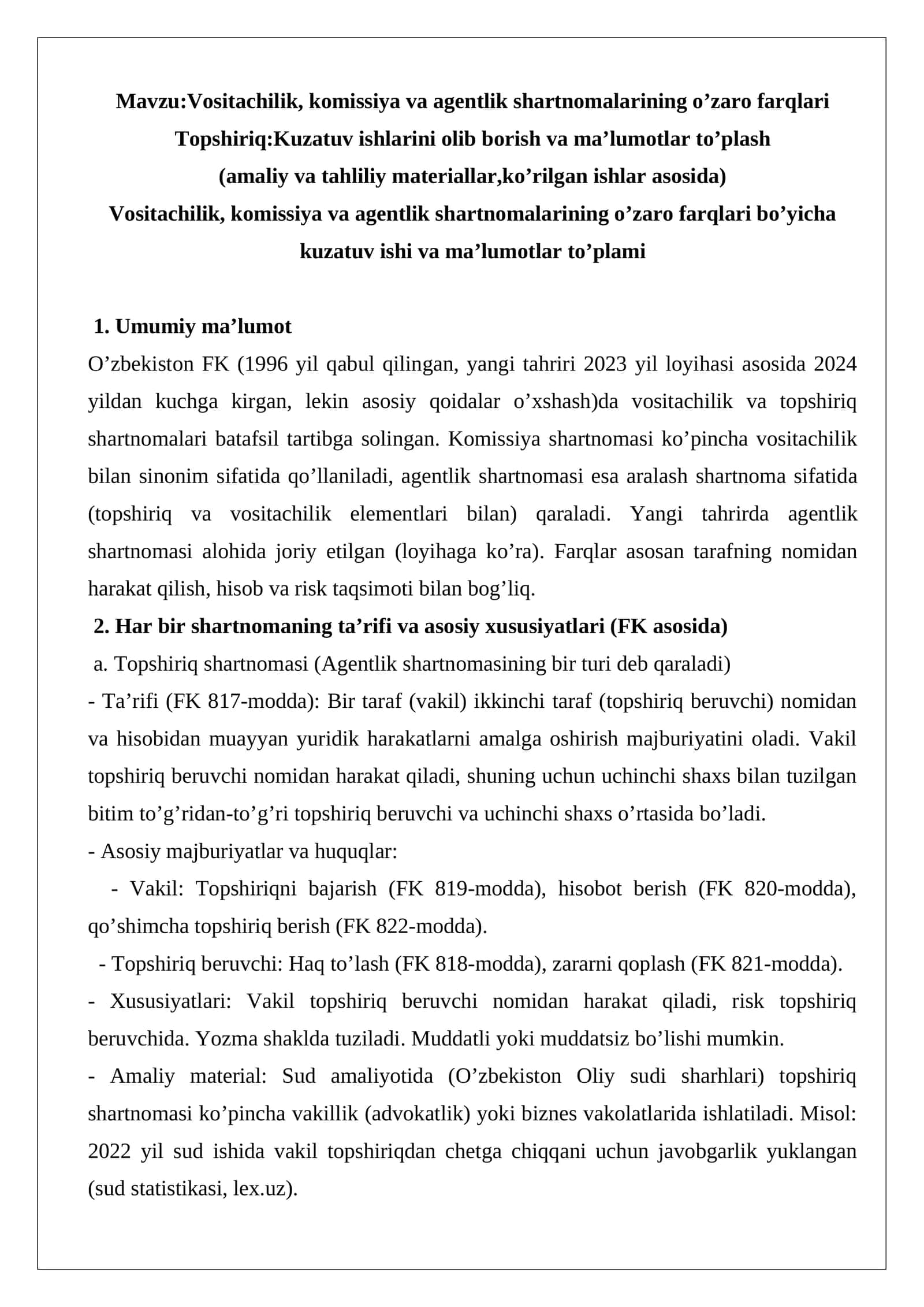 Vositachilik, komissiya va agentlik shartnomalarining o’zaro farqlari