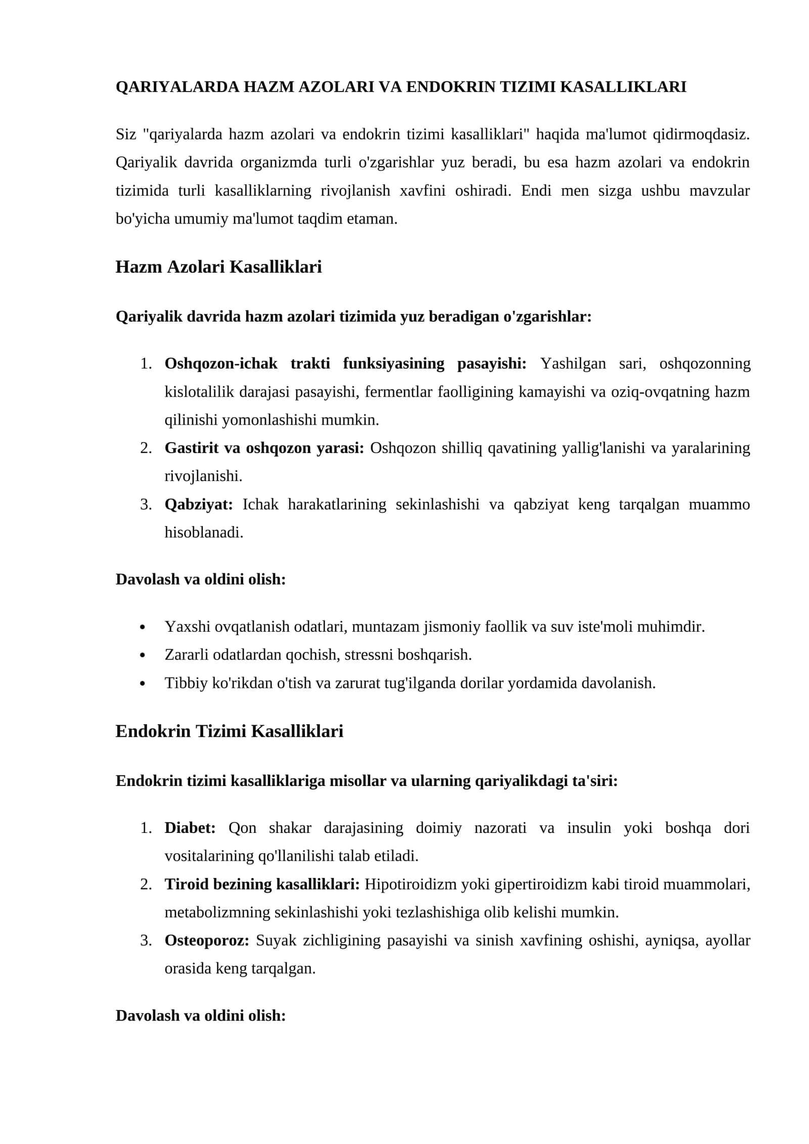 QARIYALARDA HAZM AZOLARI VA ENDOKRIN TIZIMI KASALLIKLARI