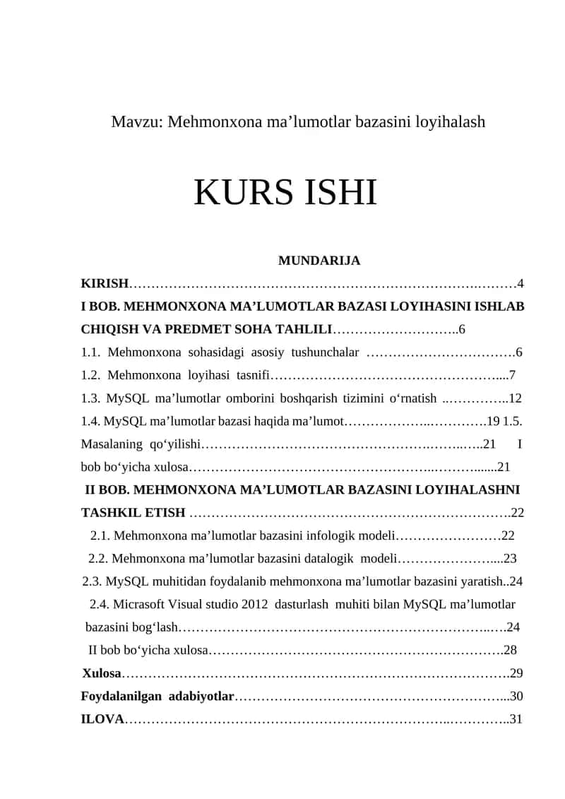 Mehmonxona ma’lumotlar bazasini loyihalash