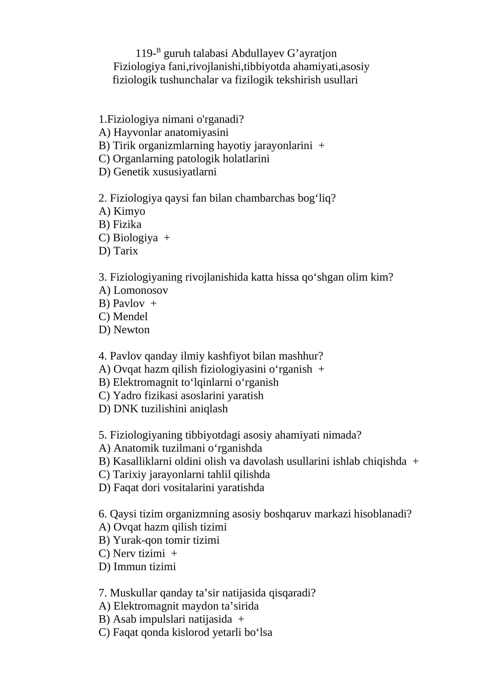 Fiziologiya fani haqida test savollar
