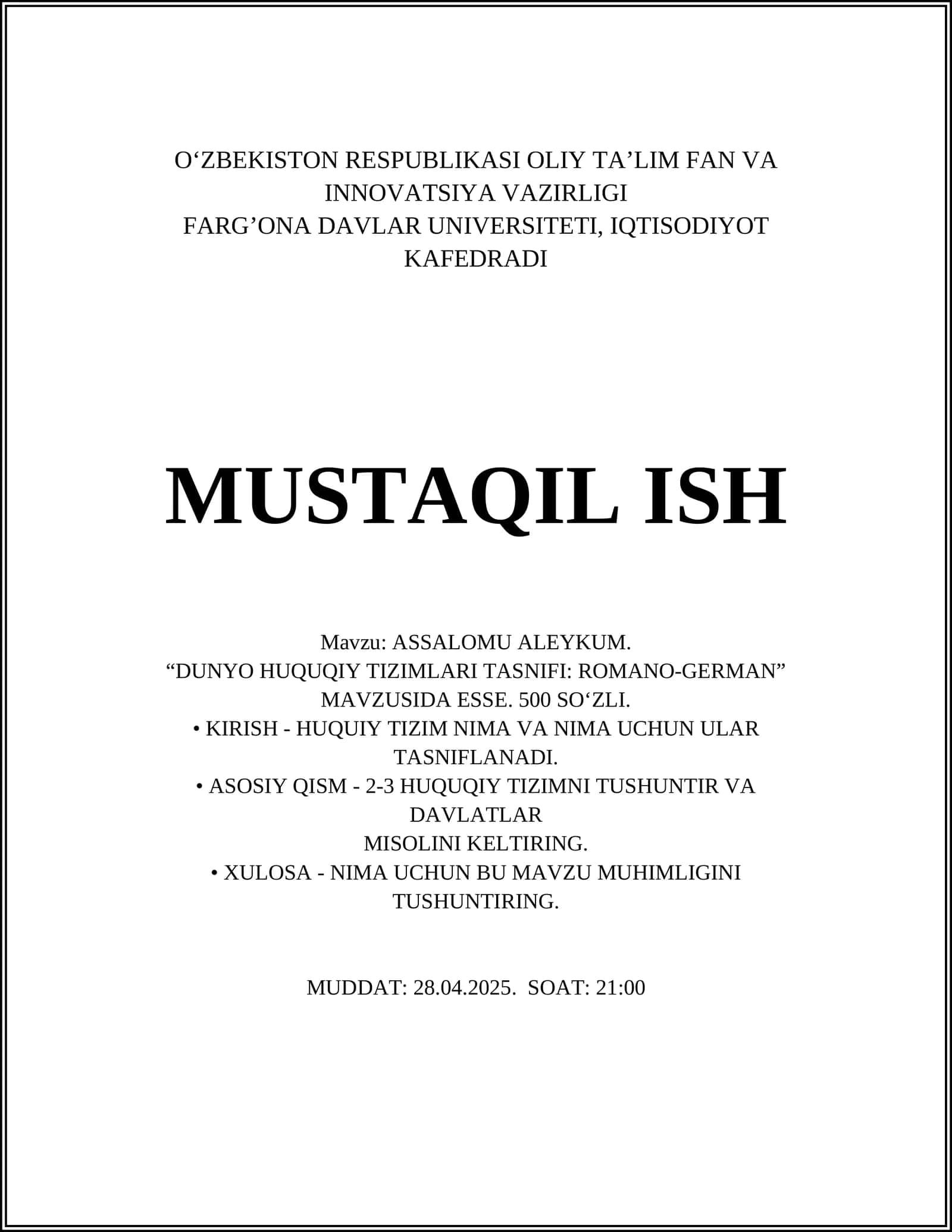 DUNYO HUQUQIY TIZIMLARI TASNIFI: ROMANO-GERMAN