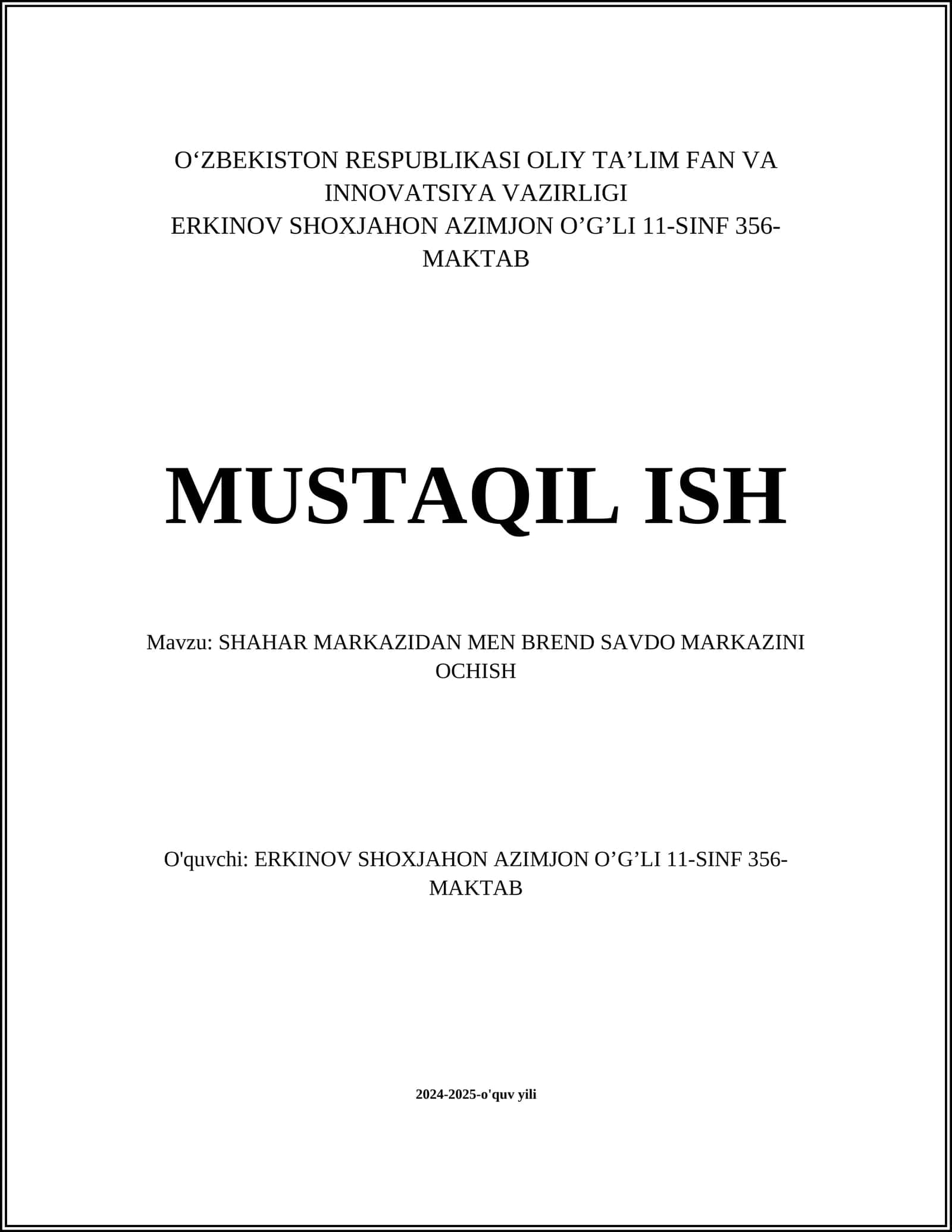 SHAHAR MARKAZIDAN MEN BREND SAVDO MARKAZINI OCHISH