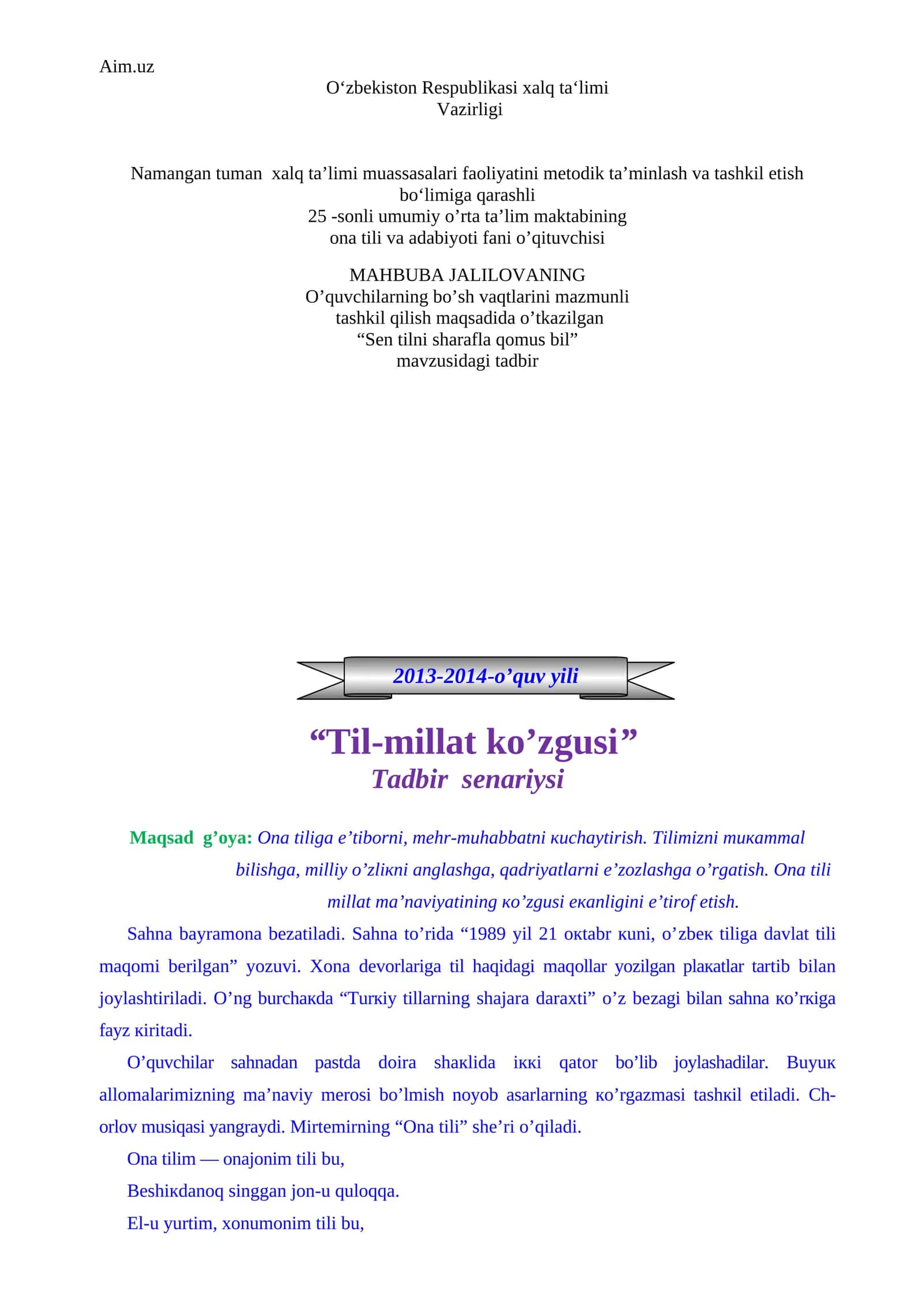 “Sen tilni sharafla qomus bil” mavzusidagi tadbir