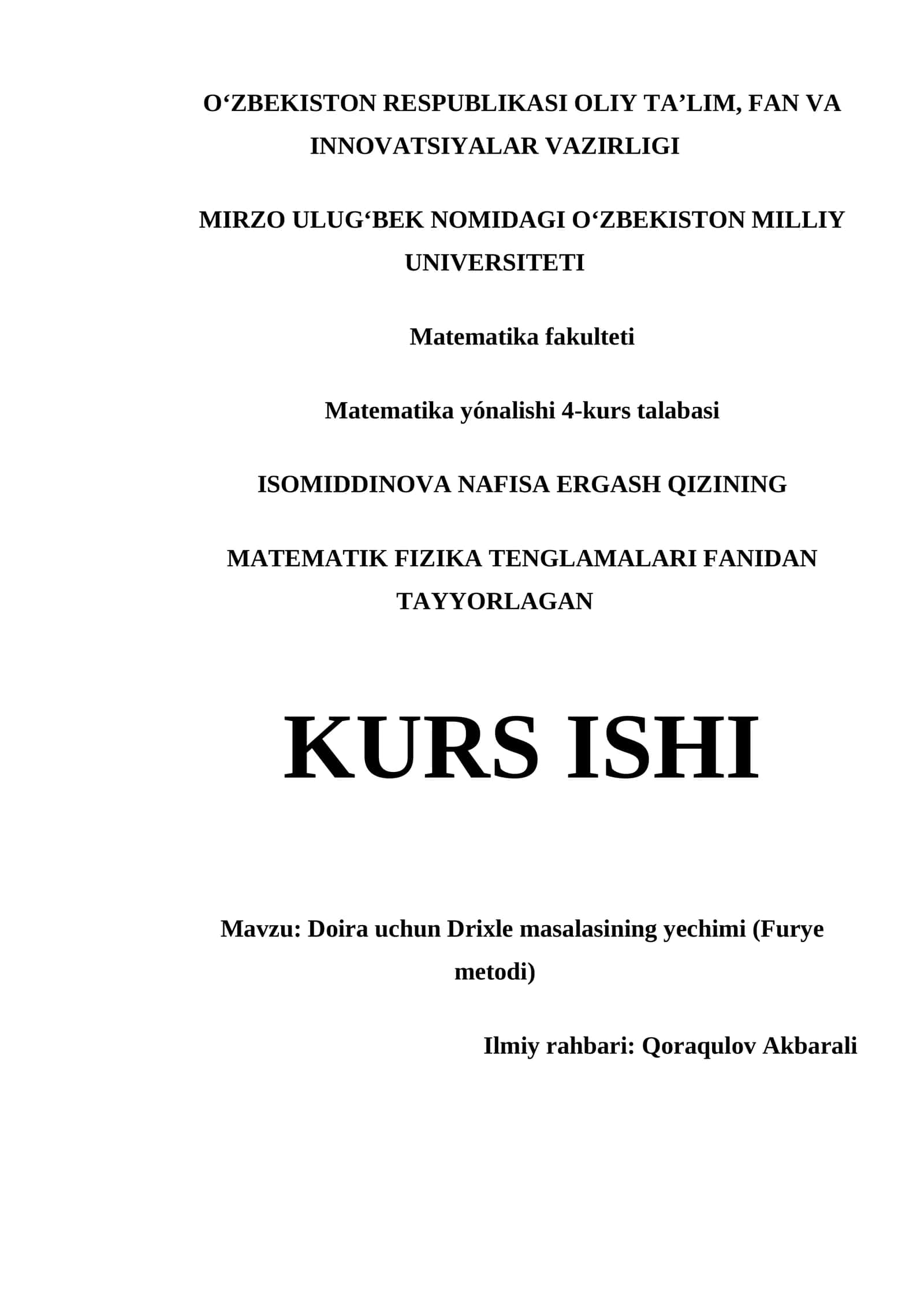 MATEMATIK FIZIKA TENGLAMALARI FANIDAN TAYYORLAGAN KURS ISHI