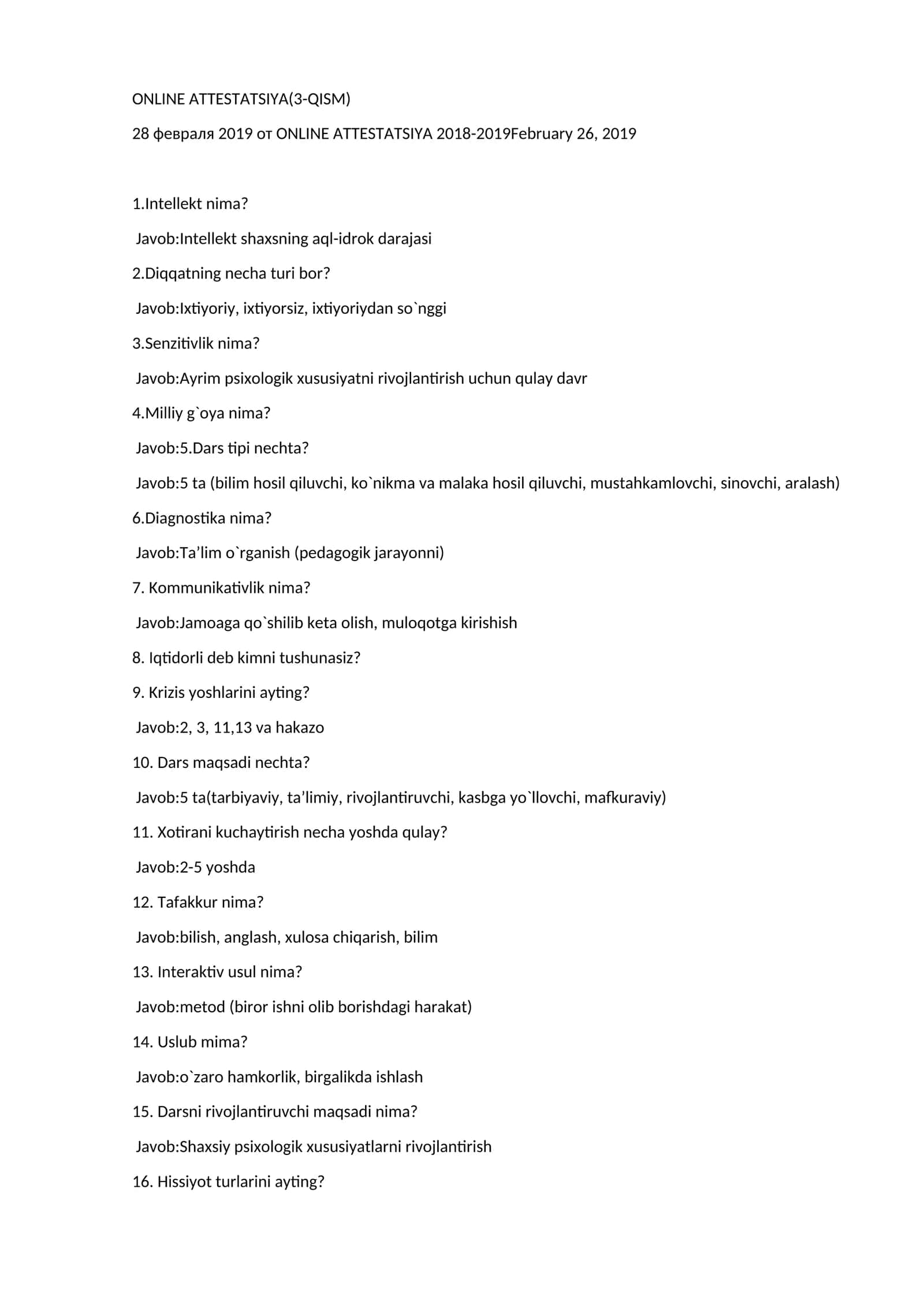 Atestatsiya psixologiya savollari