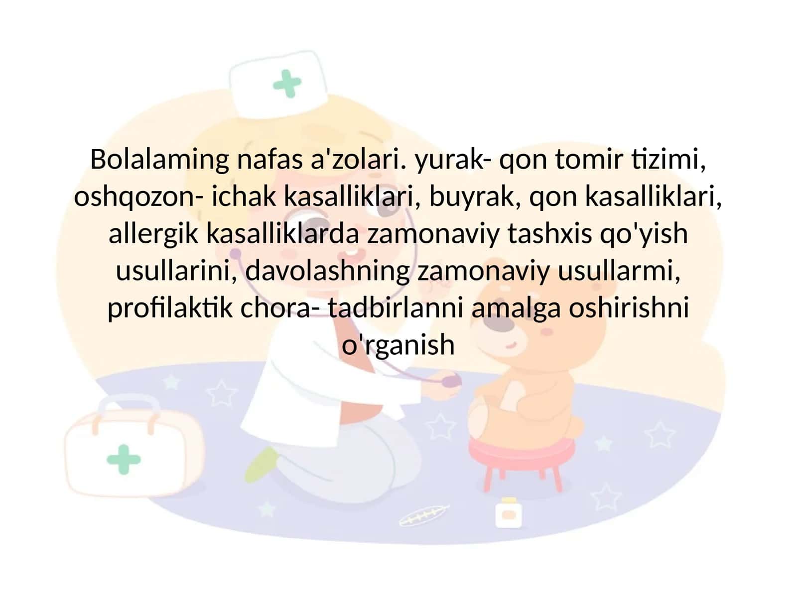Bolalaming nafas a'zolari. yurak- qon tomir tizimi, oshqozon- ichak kasalliklari, buyrak, qon kasalliklari, allergik kasalliklarda zamonaviy tashxis qo'yish usullarini, davolashning zamonaviy usullarmi, profilaktik chora- tadbirlanni amalga oshirishni o'rganish