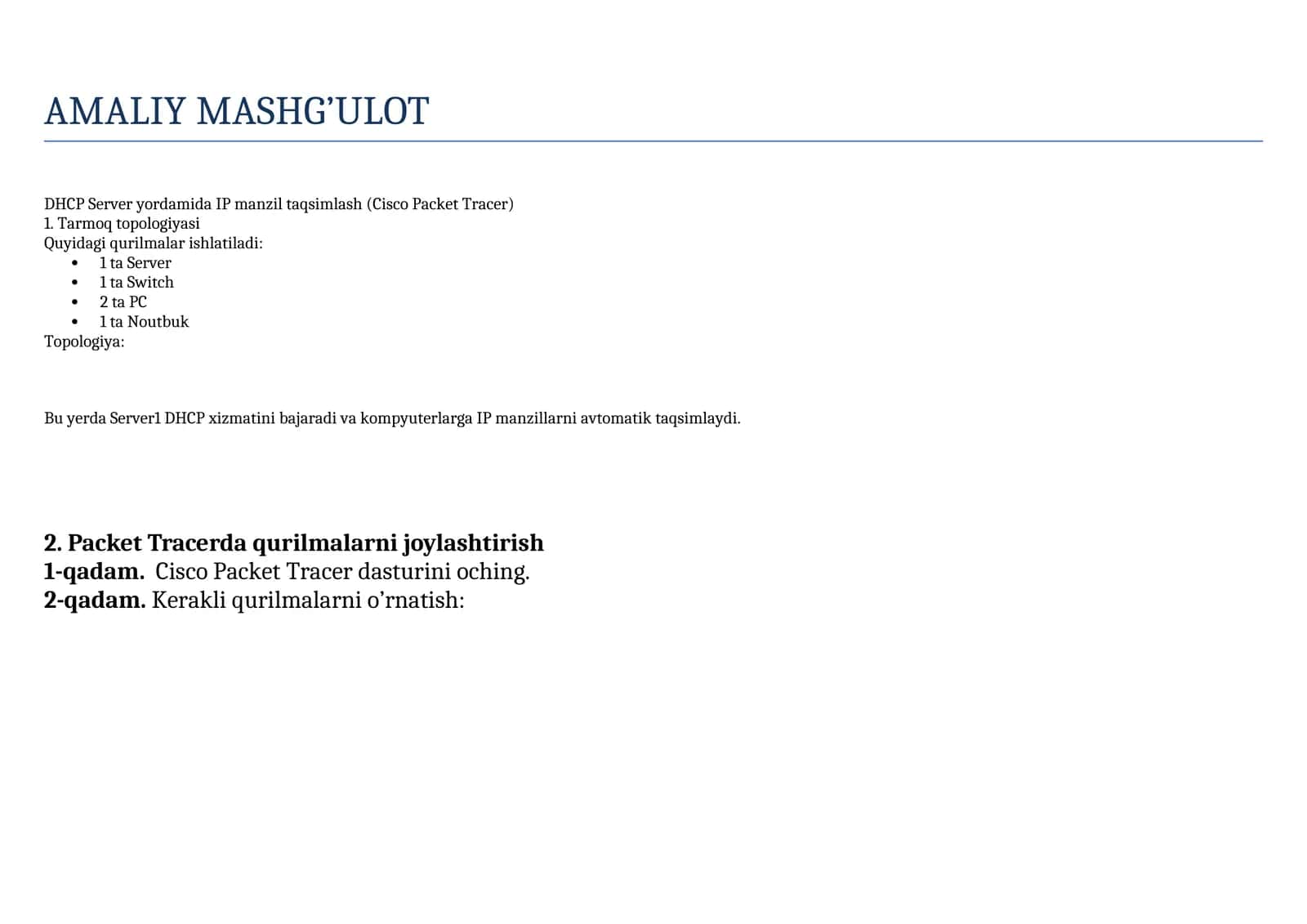 DHCP Server yordamida IP manzil taqsimlash (Cisco Packet Tracer)