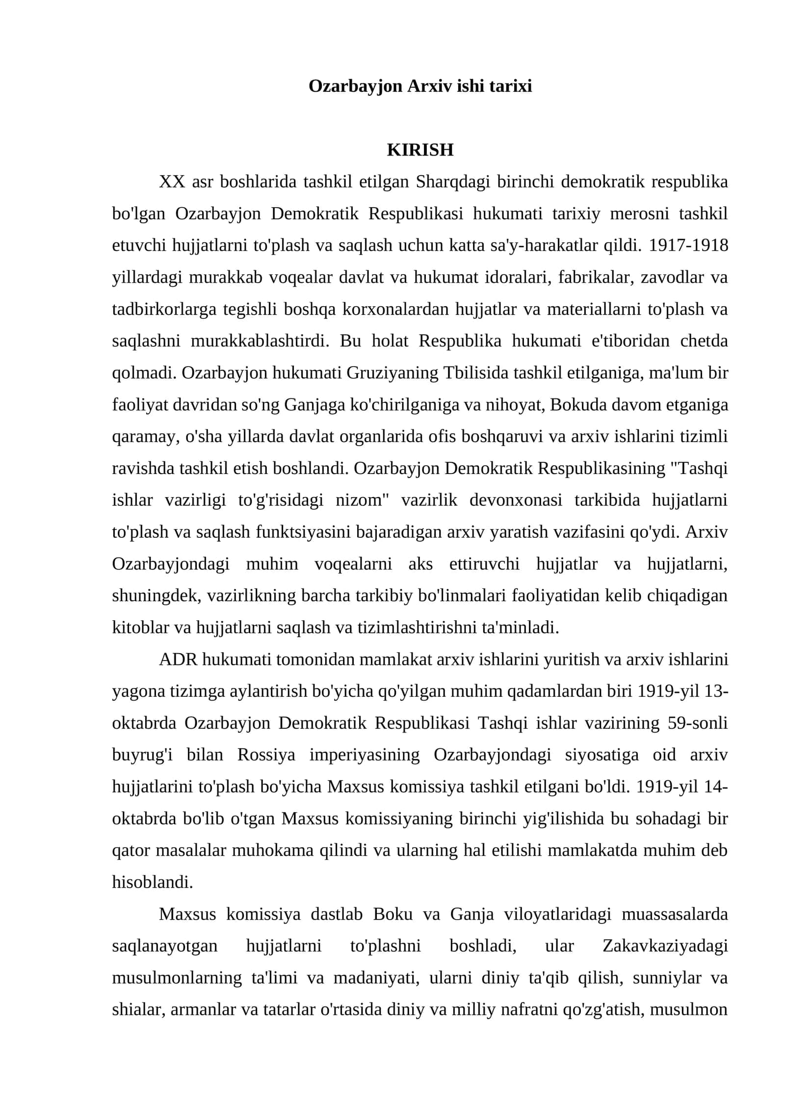 Ozarbayjon Arxiv ishi tarixi