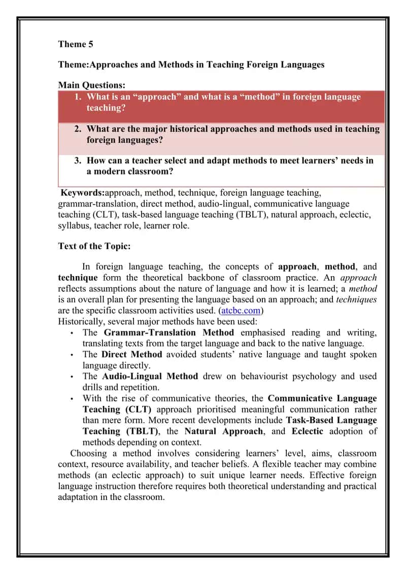 Approaches and Methods in Teaching Foreign Languages