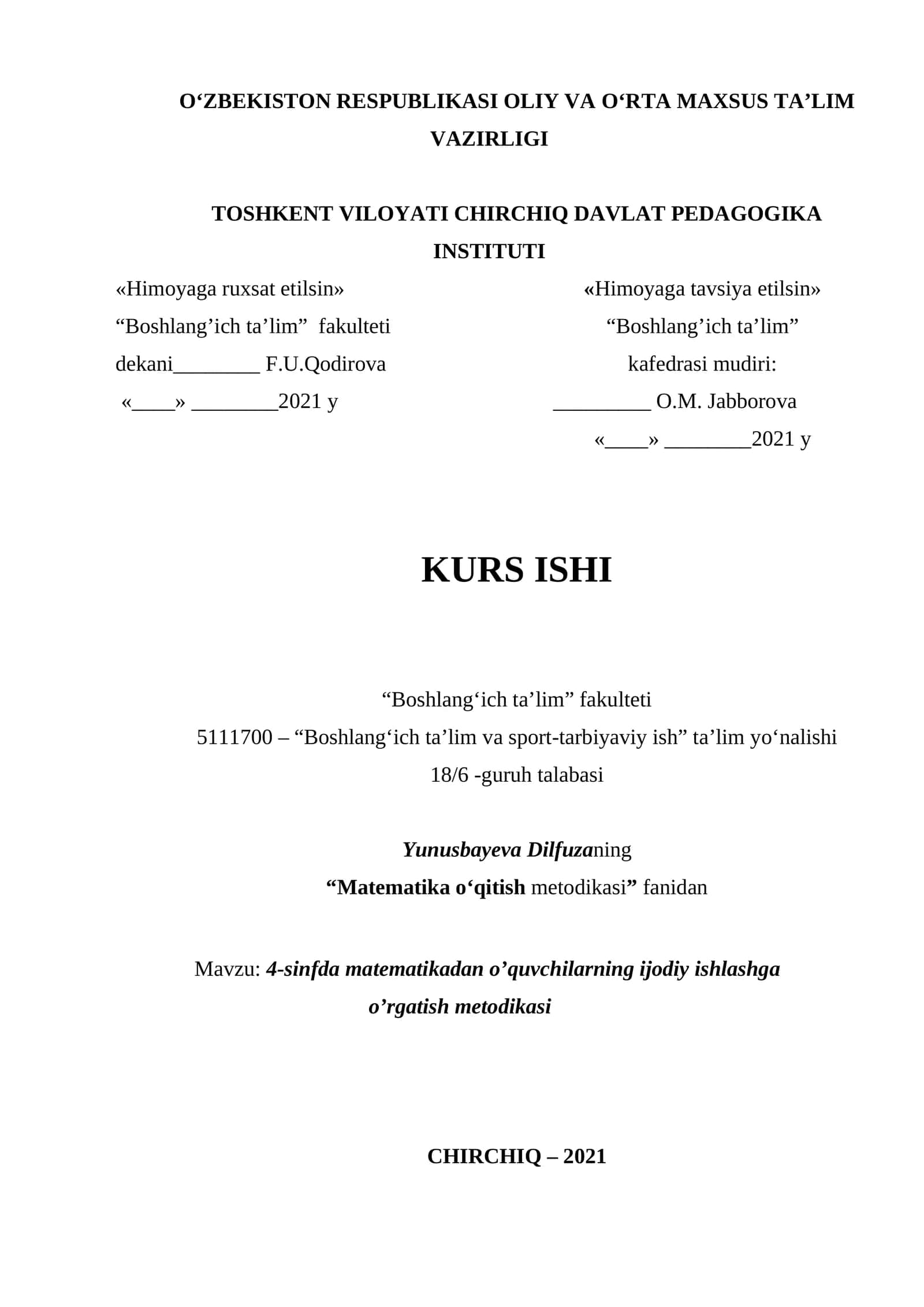 "Matematika o‘qitish metodikasi"
