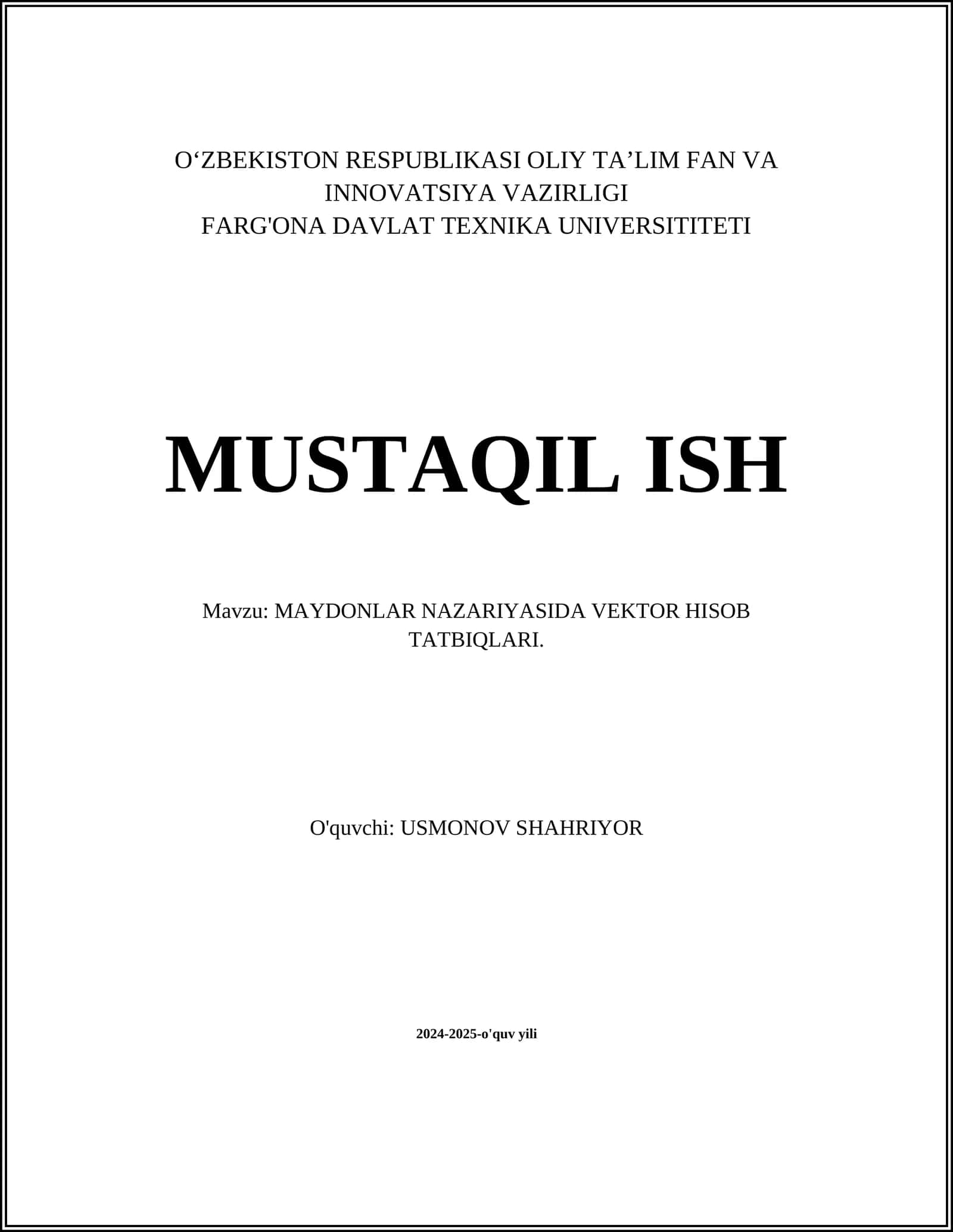 MAYDONLAR NAZARIYASIDA VEKTOR HISOB TATBIQLARI