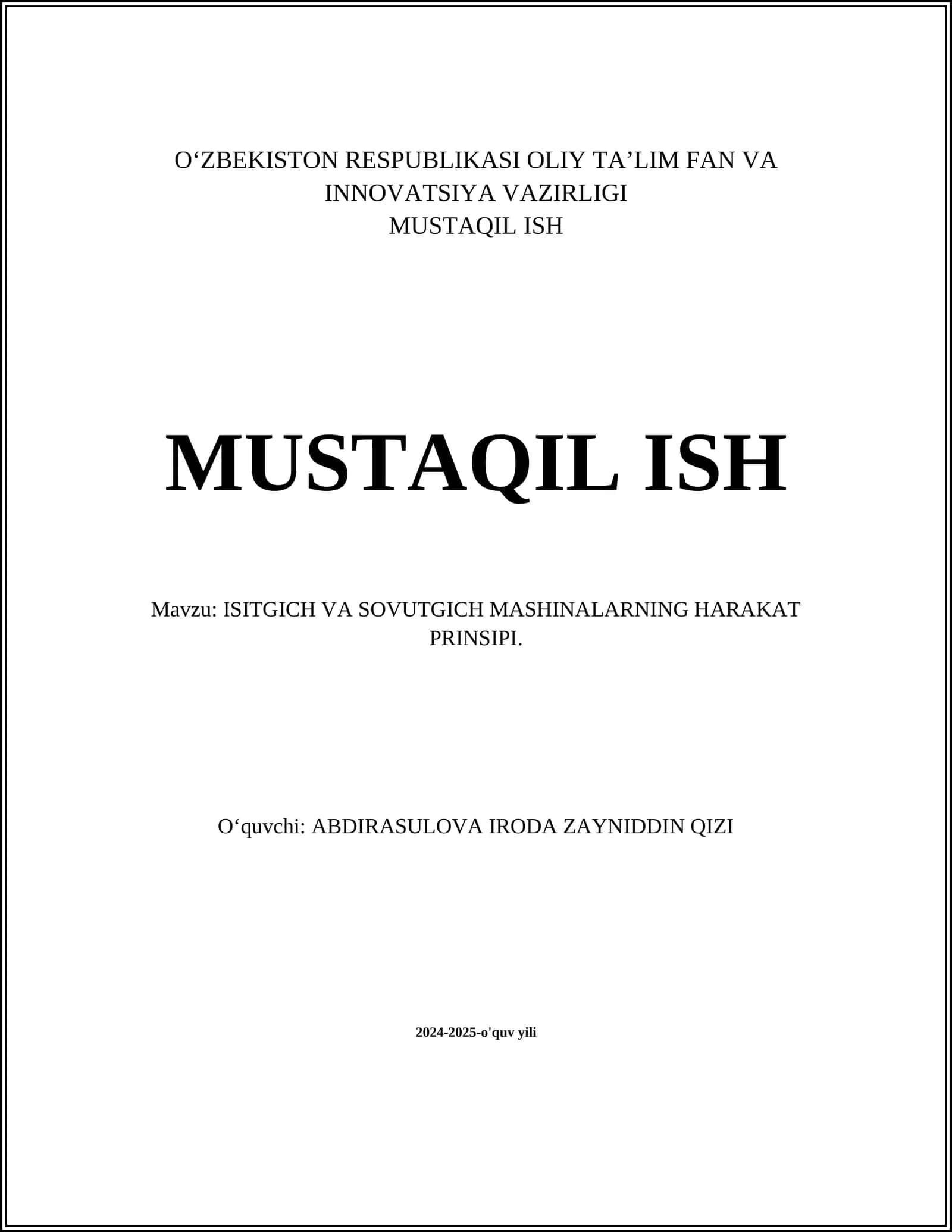 ISITGICH VA SOVUTGICH MASHINALARNING HARAKAT PRINSIPI