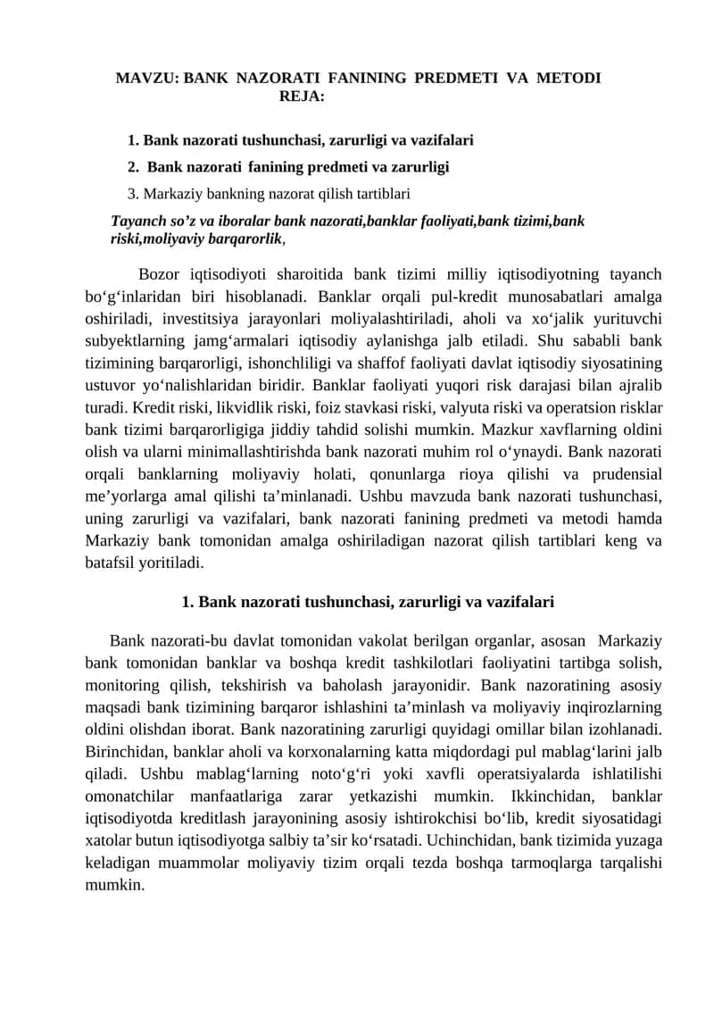 BANK NAZORATI FANINING PREDMETI VA METODI
