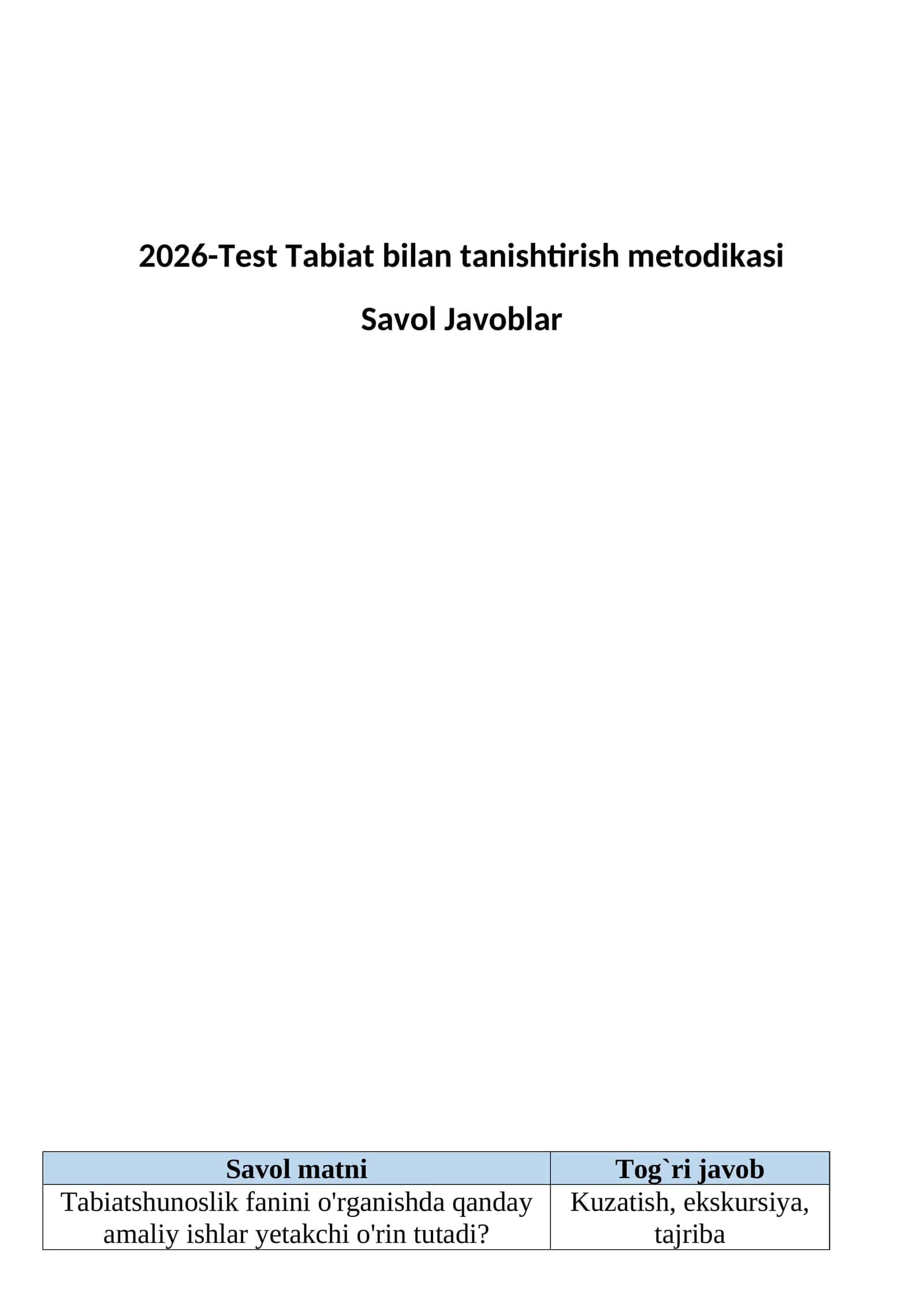 Tabiat bilan tanishtirish metodikasi Test 200 savol javoblari