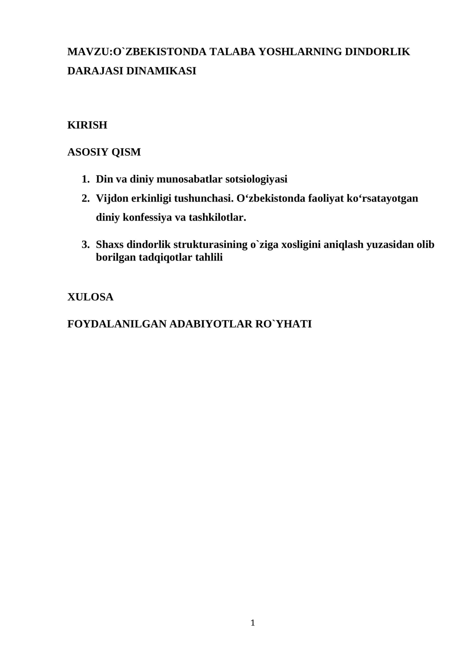 O`ZBEKISTONDA TALABA YOSHLARNING DINDORLIK DARAJASI DINAMIKASI
