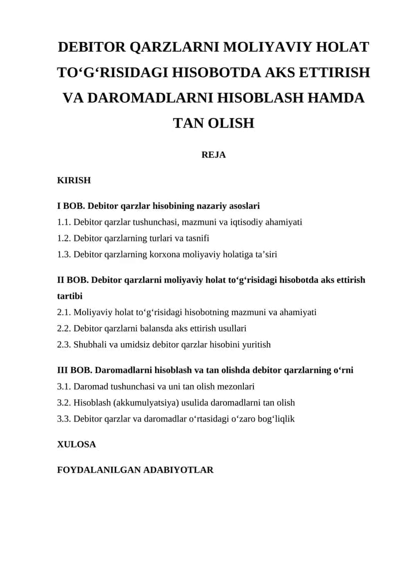 Debitor Qarzlar va Daromadlar Hisobi