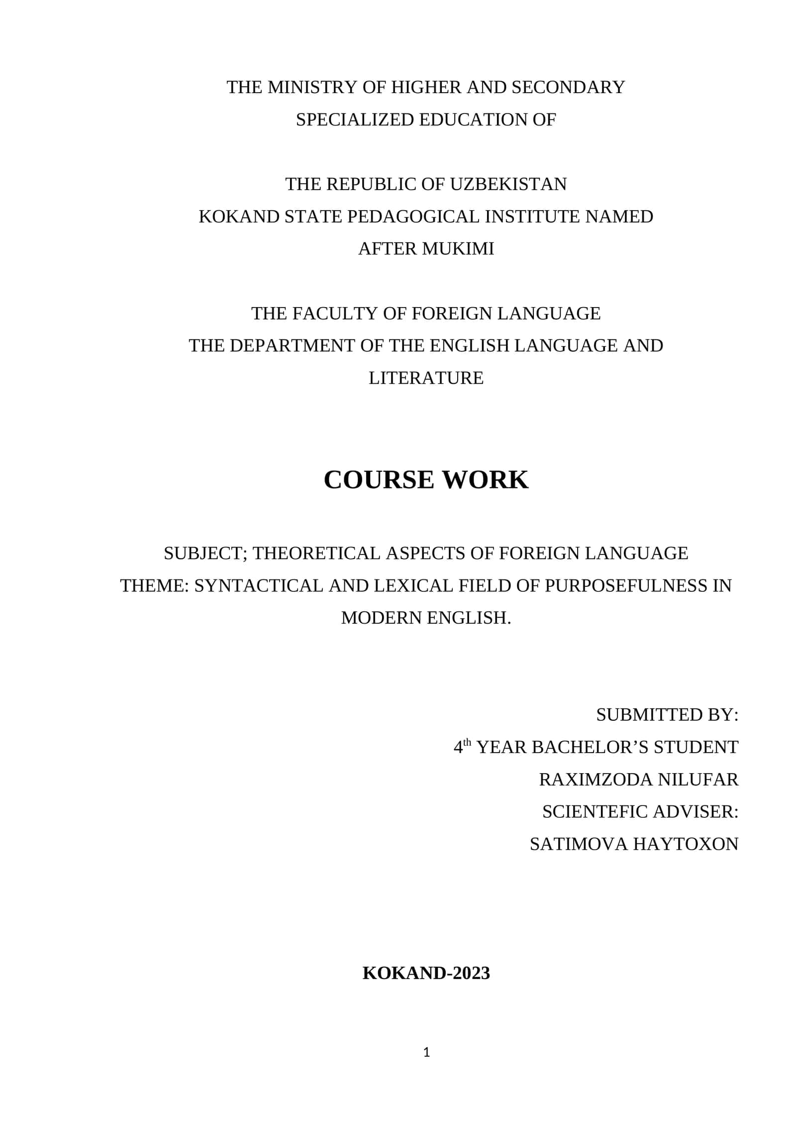 SYNTACTICAL AND LEXICAL FIELD OF PURPOSEFULNESS IN MODERN ENGLISH.