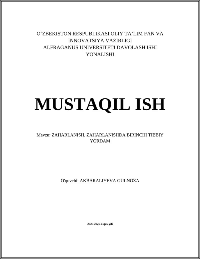 ZAHARLANISH, ZAHARLANISHDA BIRINCHI TIBBIY YORDAM