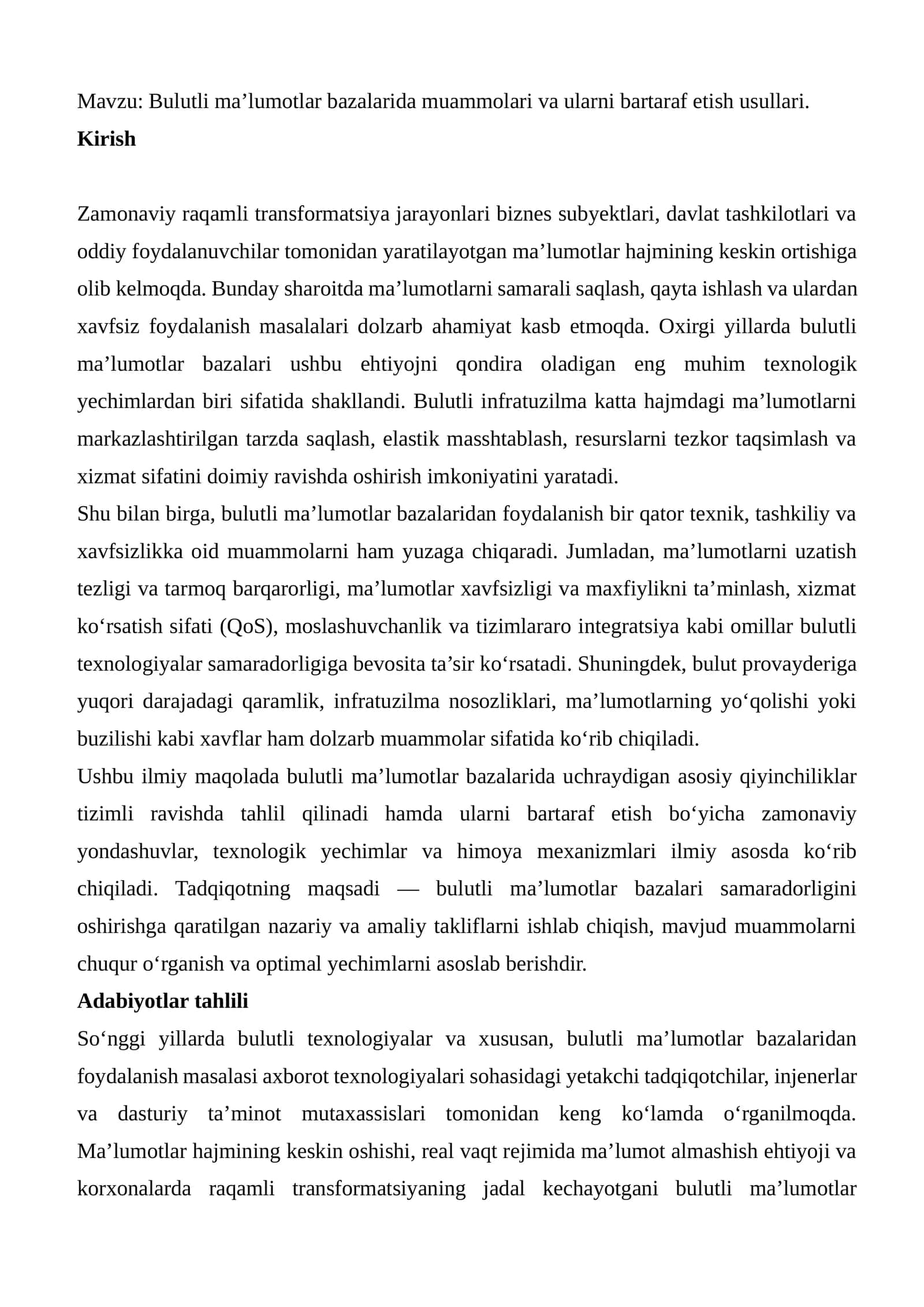 Bulutli ma’lumotlar bazalarida muammolari va ularni bartaraf etish usullari