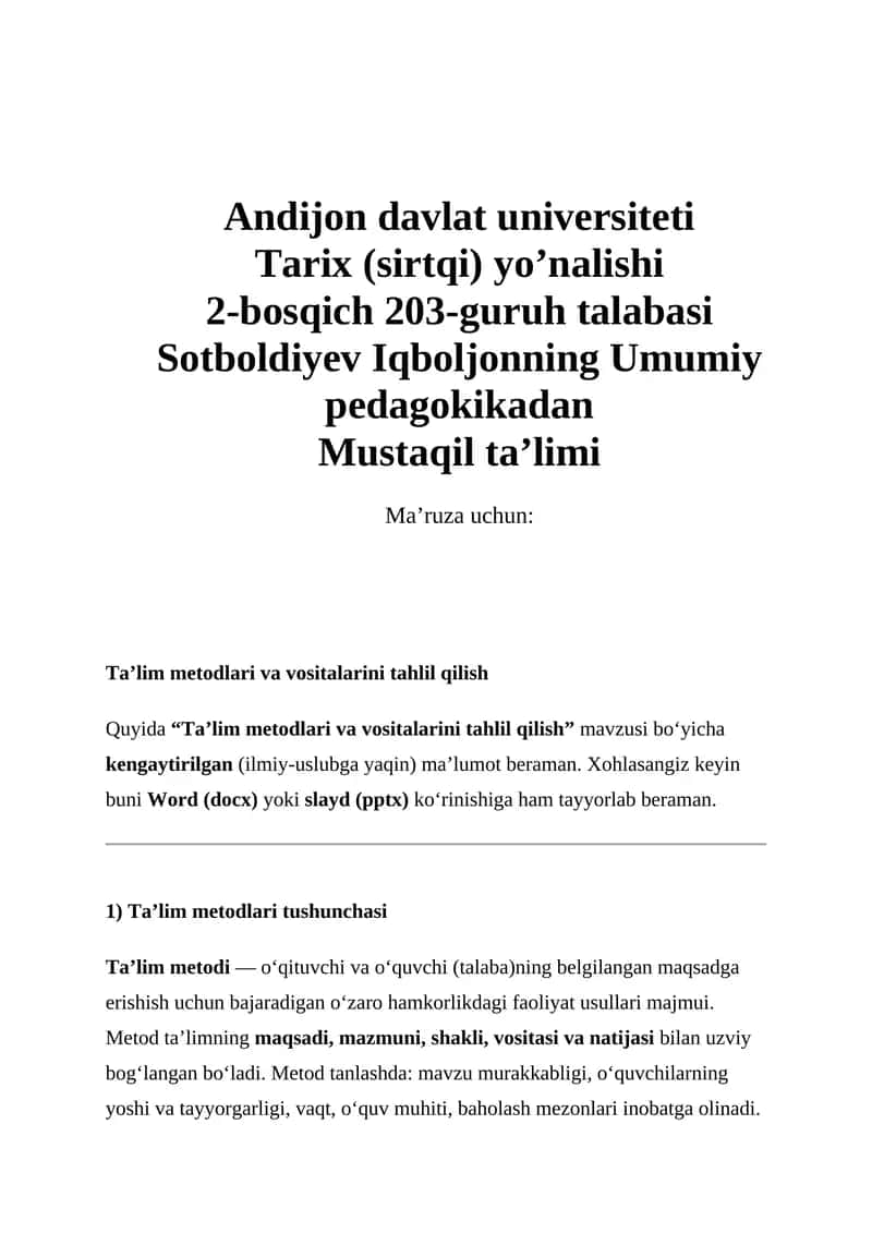 Ta'lim metodlari va vositalarini tahlil qilish