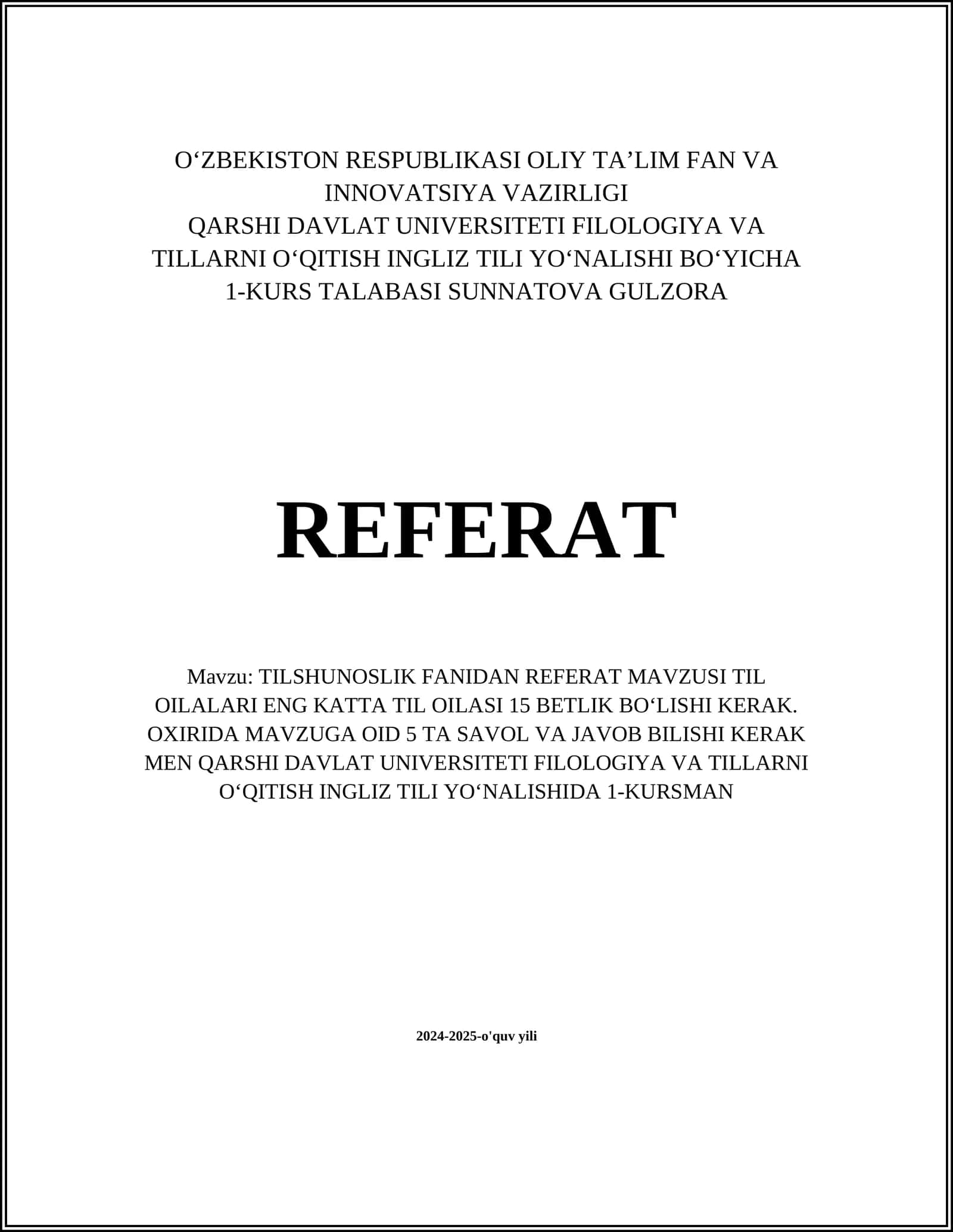 TILSHUNOSLIK FANIDAN REFERAT MAVZUSI TIL OILALARI ENG KATTA TIL OILASI