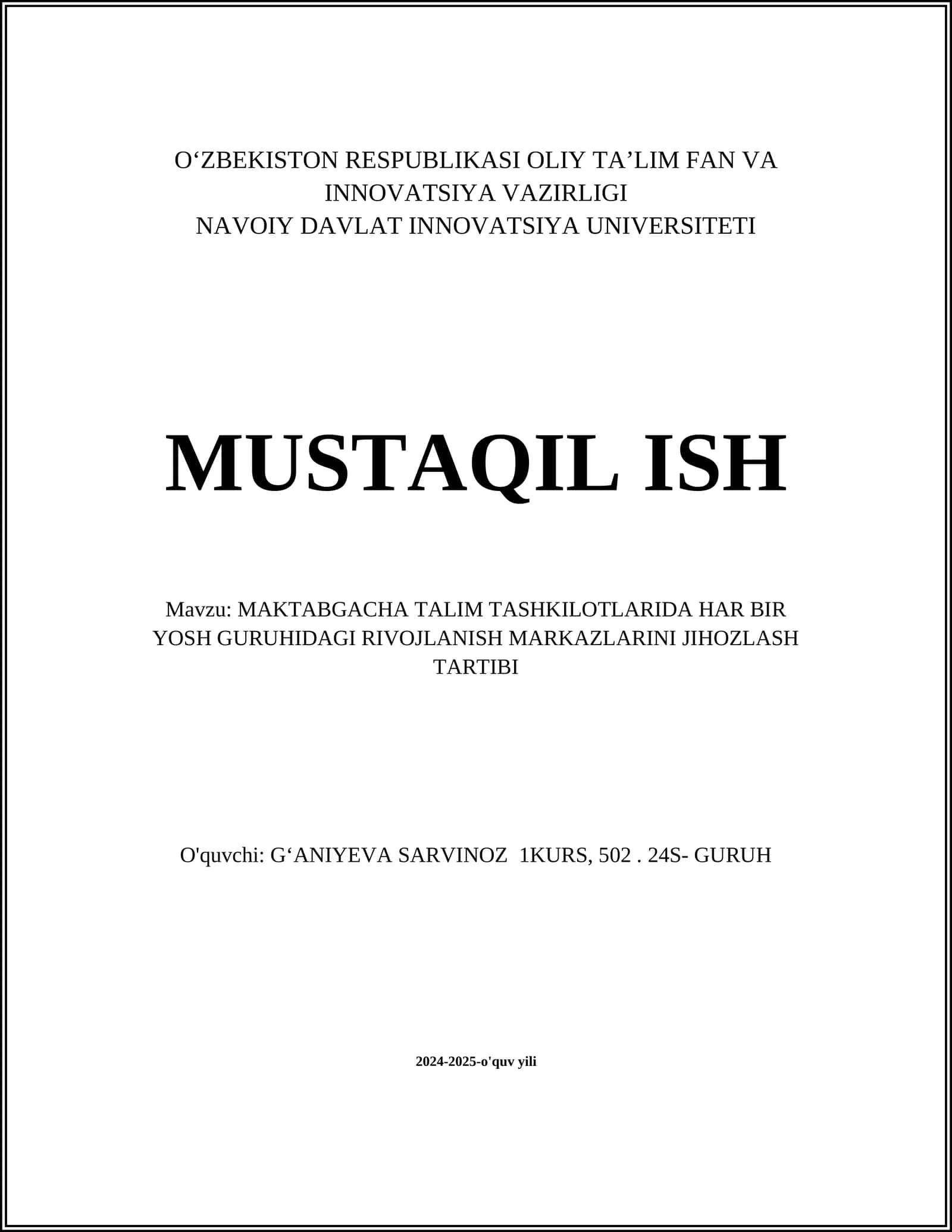 Boshlang'ich rivojlanish markazlarini jihozlash standartlari