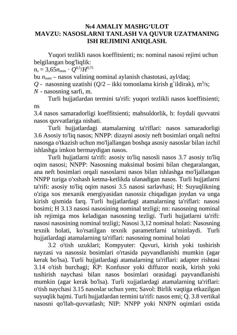 NASOSLARNI TANLASH VA QUVUR UZATMANING ISH REJIMINI ANIQLASH