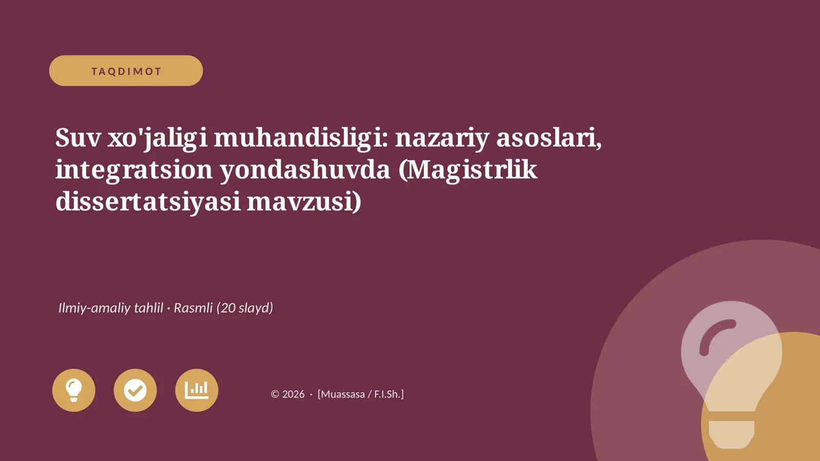 Suv xo'jaligi muhandisligi: nazariy asoslari, integratsion yondashuvda (Magistrlik dissertatsiyasi mavzusi)