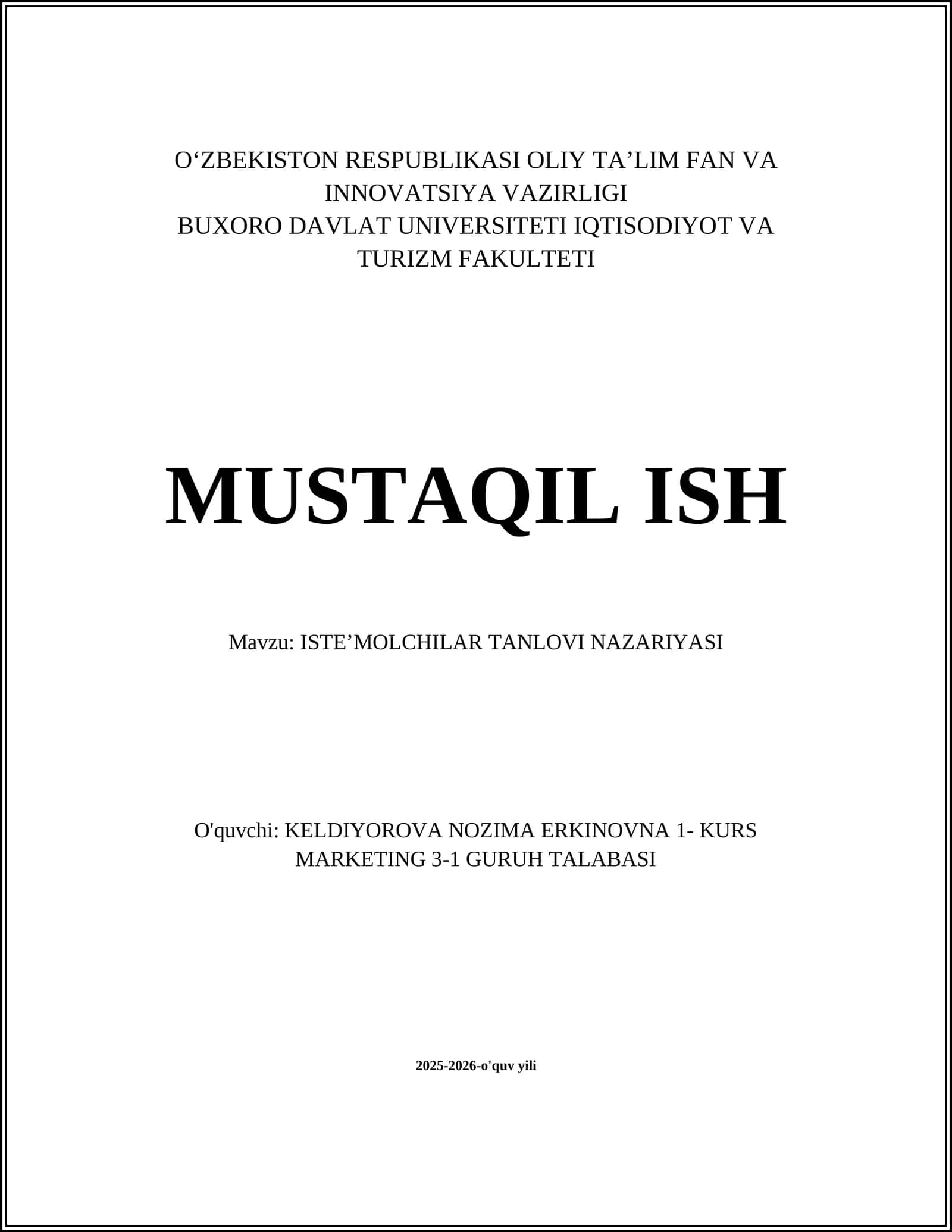 ISTEʼMOLCHILAR TANLOVI NAZARIYASI
