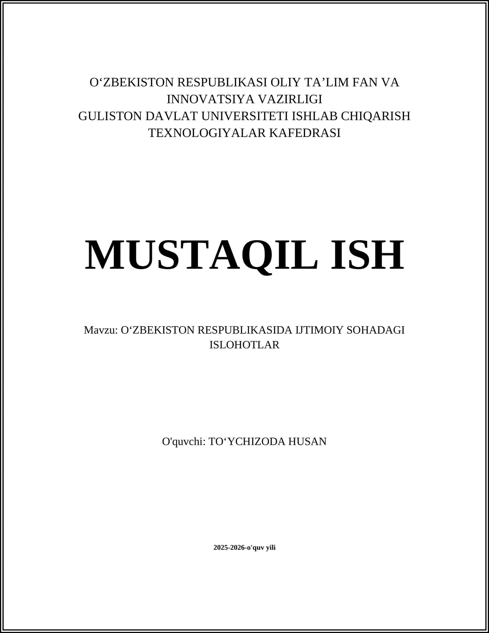 O‘ZBEKISTON RESPUBLIKASIDA IJTIMOIY SOHADAGI ISLOHOTLAR