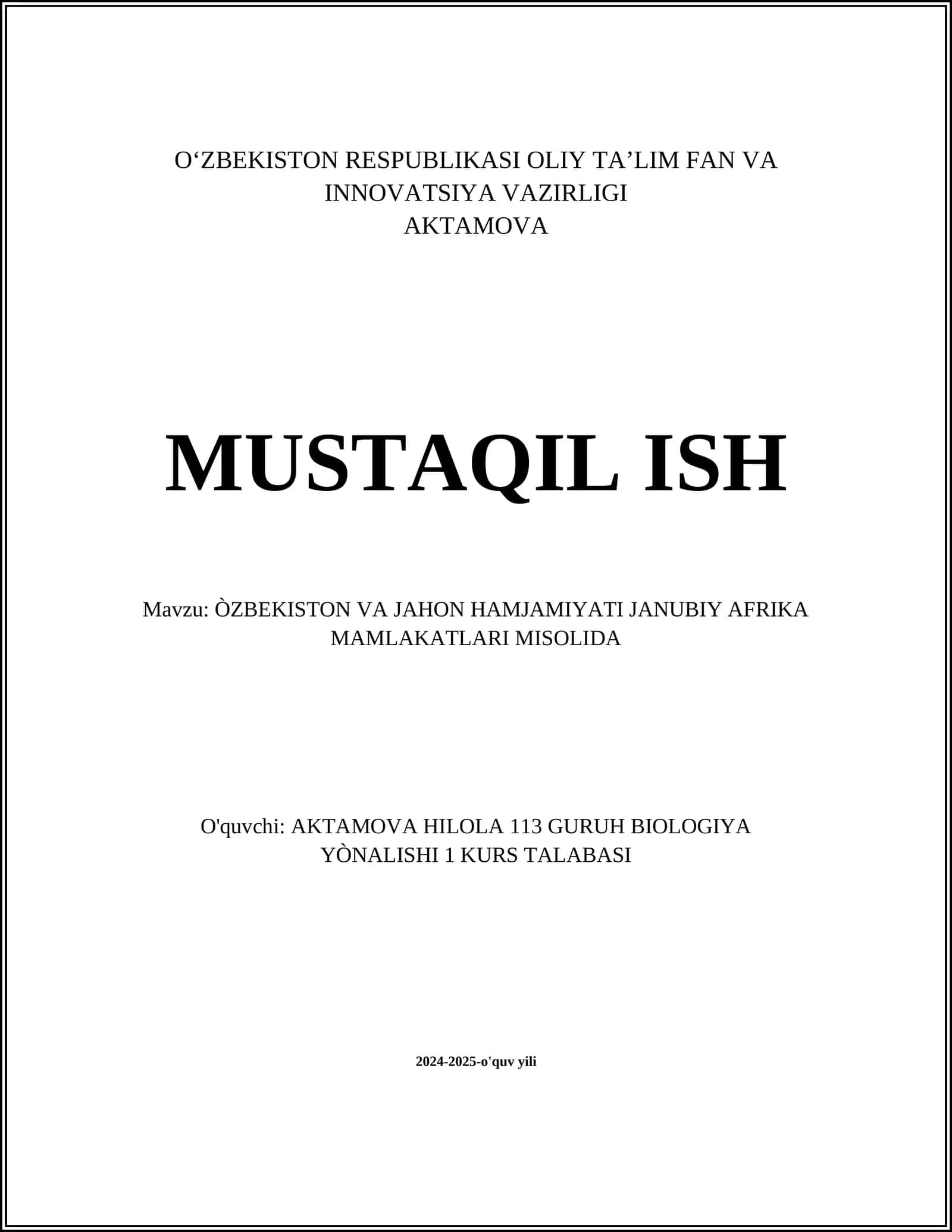 ÒZBEKISTON VA JAHON HAMJAMIYATI JANUBIY AFRIKA MAMLAKATLARI MISOLIDA