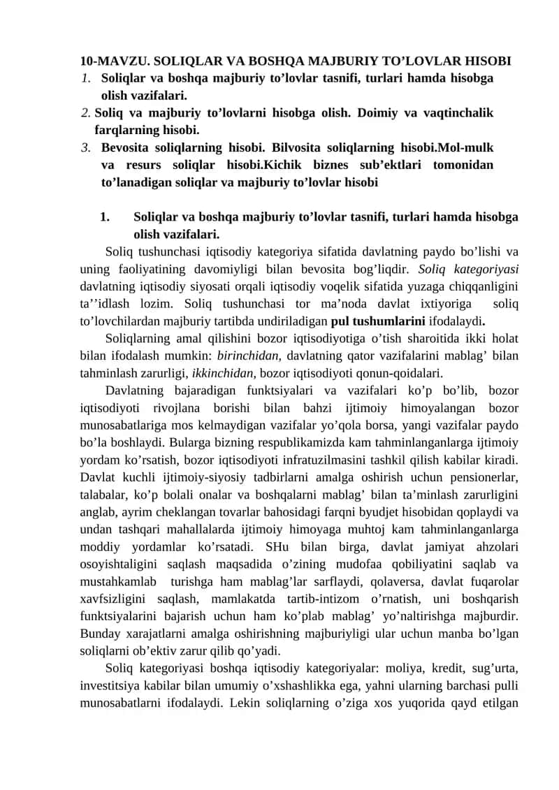 Soliqlar va boshqa majburiy to’lovlar hisobi