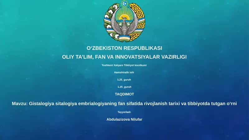 Gistologiya, Sitologiya va Embriologiya Fanlari