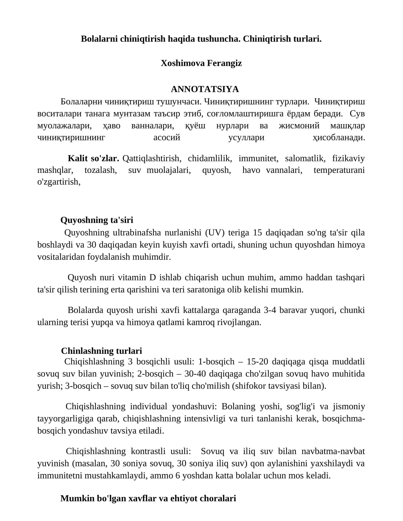 Bolalarni chiniqtirish haqida tushuncha. Chiniqtirish turlari