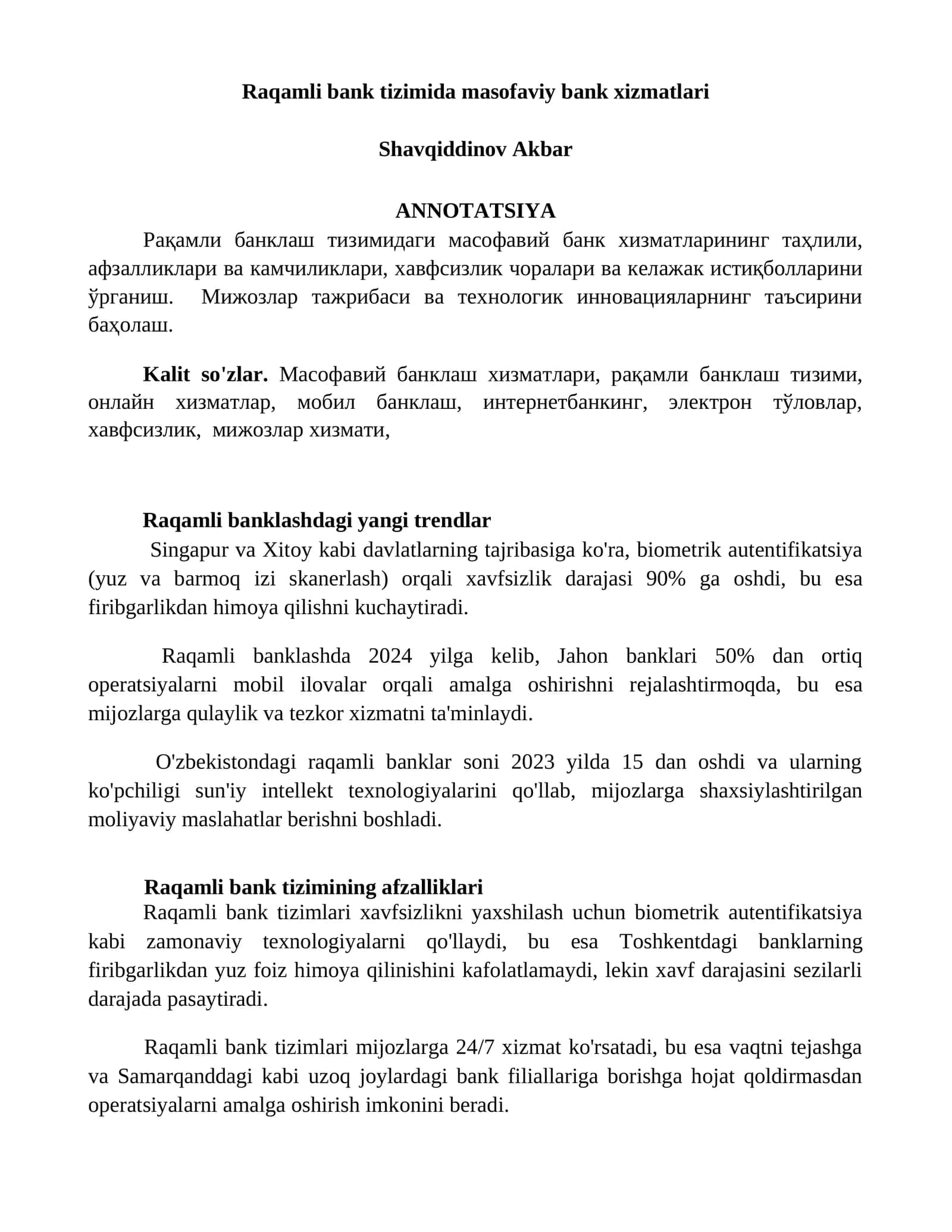 Raqamli bank tizimida masofaviy bank xizmatlari