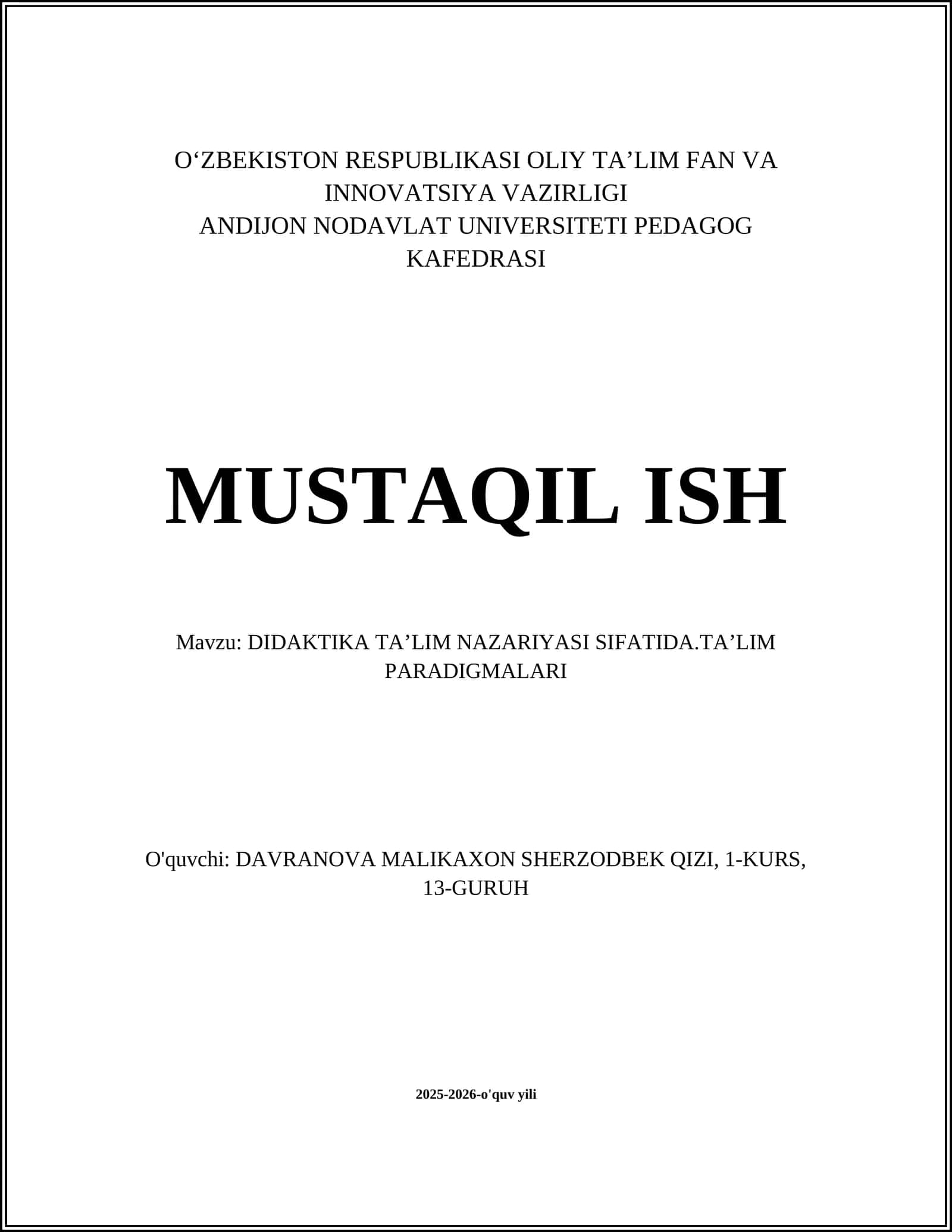 DIDAKTIKA TA’LIM NAZARIYASI SIFATIDA.TA’LIM PARADIGMALARI