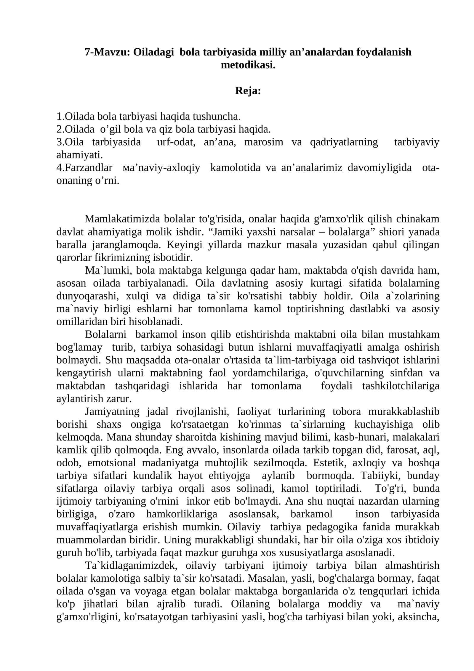 Oiladagi bola tarbiyasida milliy an’analardan foydalanish metodikasi