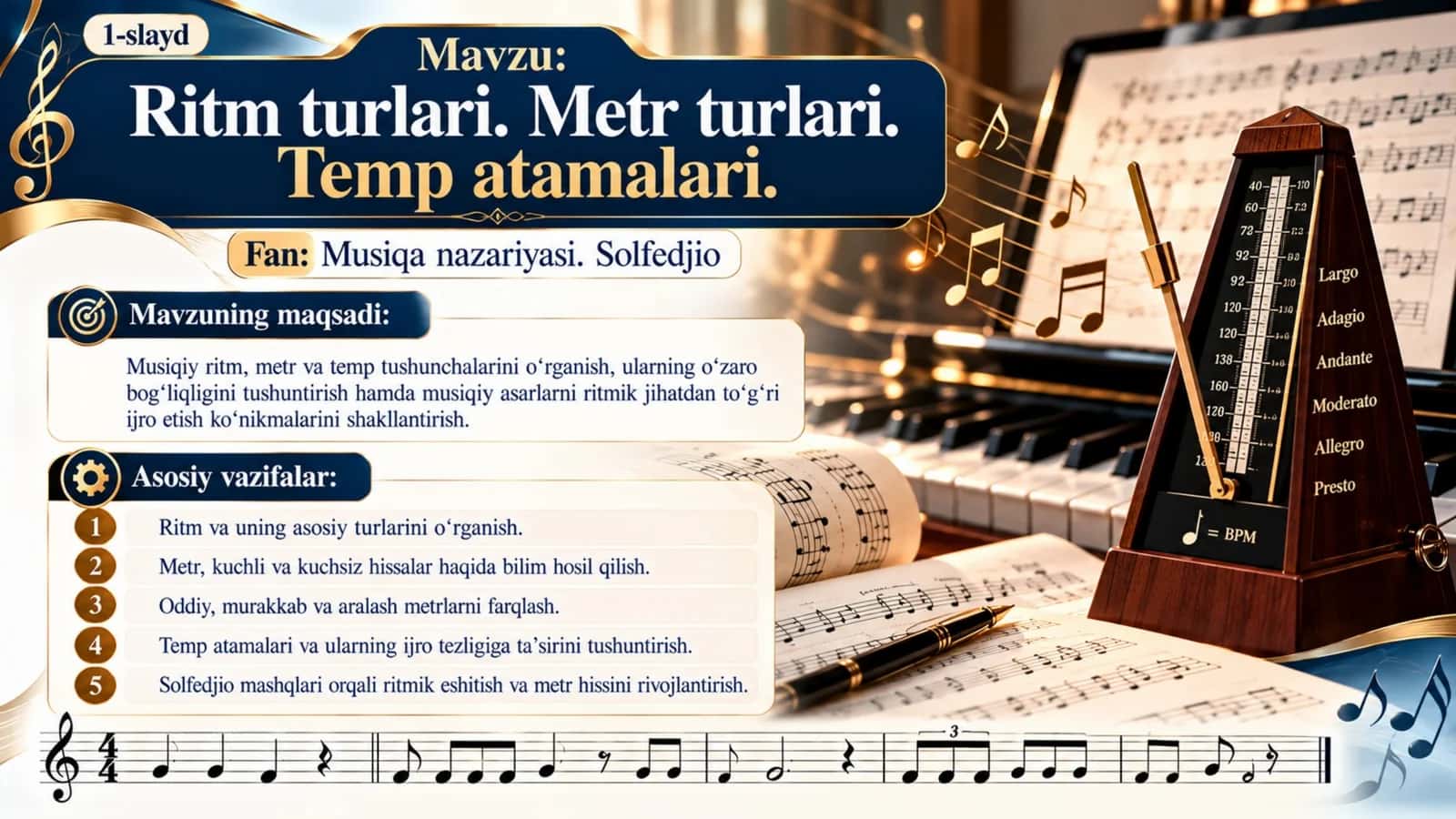 Ritm turlari, metr turlari va temp atamalari — 15 slaydli professional taqdimot