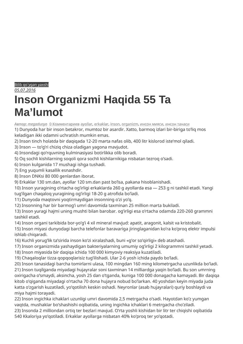Inson Organizmi Haqida 55 Ta Ma’lumot