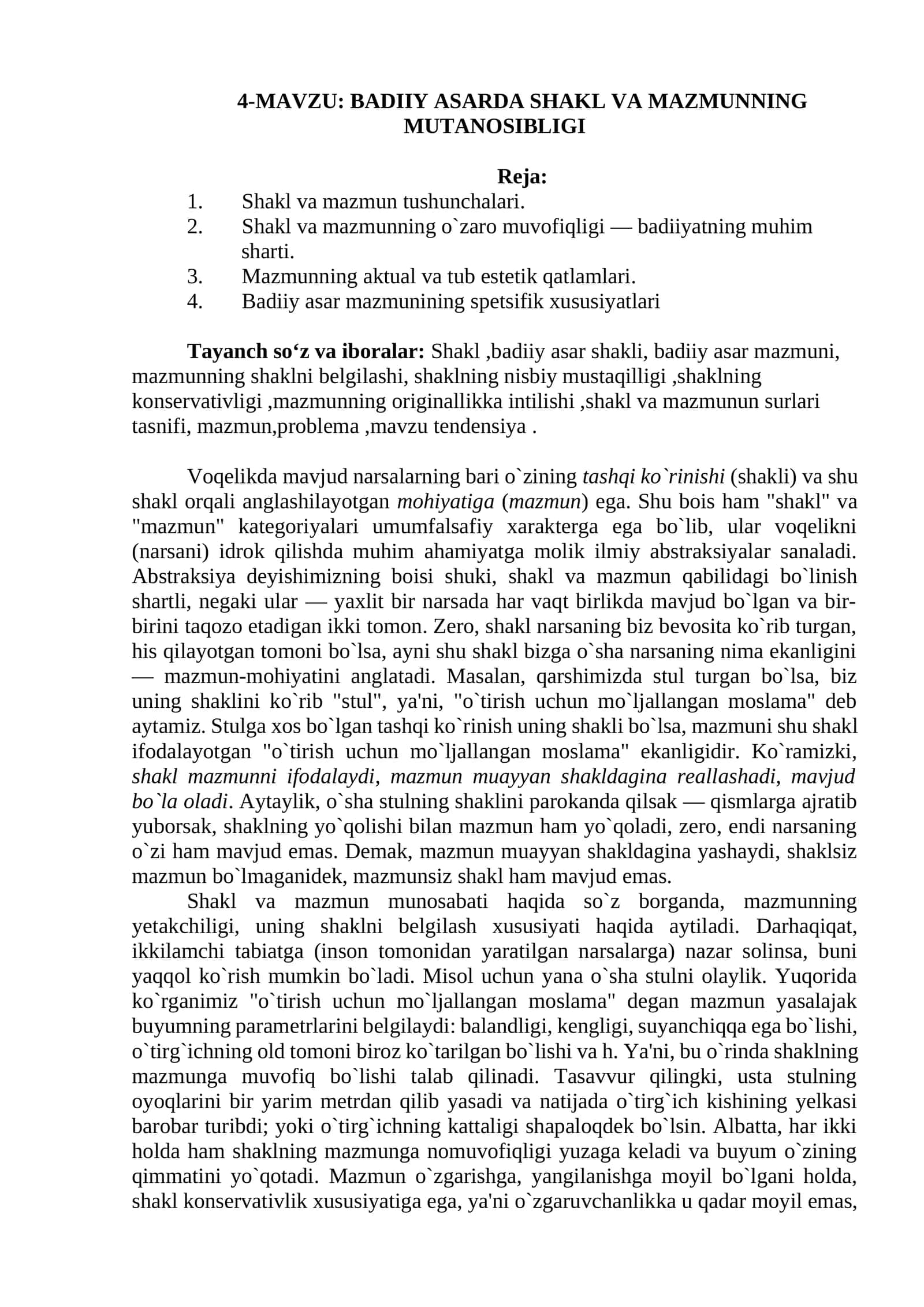 BADIIY ASARDA SHAKL VA MAZMUNNING MUTANOSIBLIGI