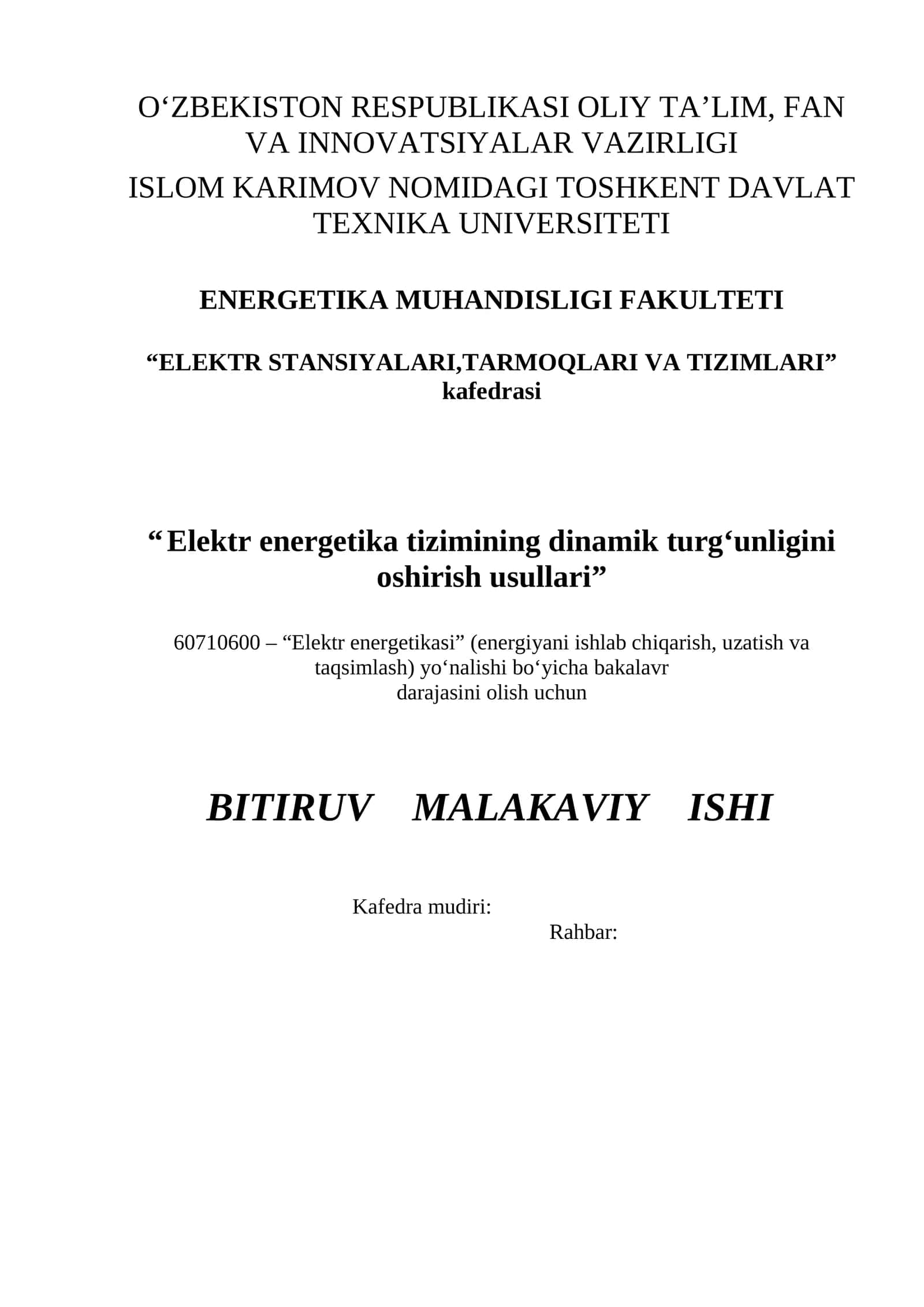 Elektr energetika tizimining dinamik turgʻunligini oshirish usullari