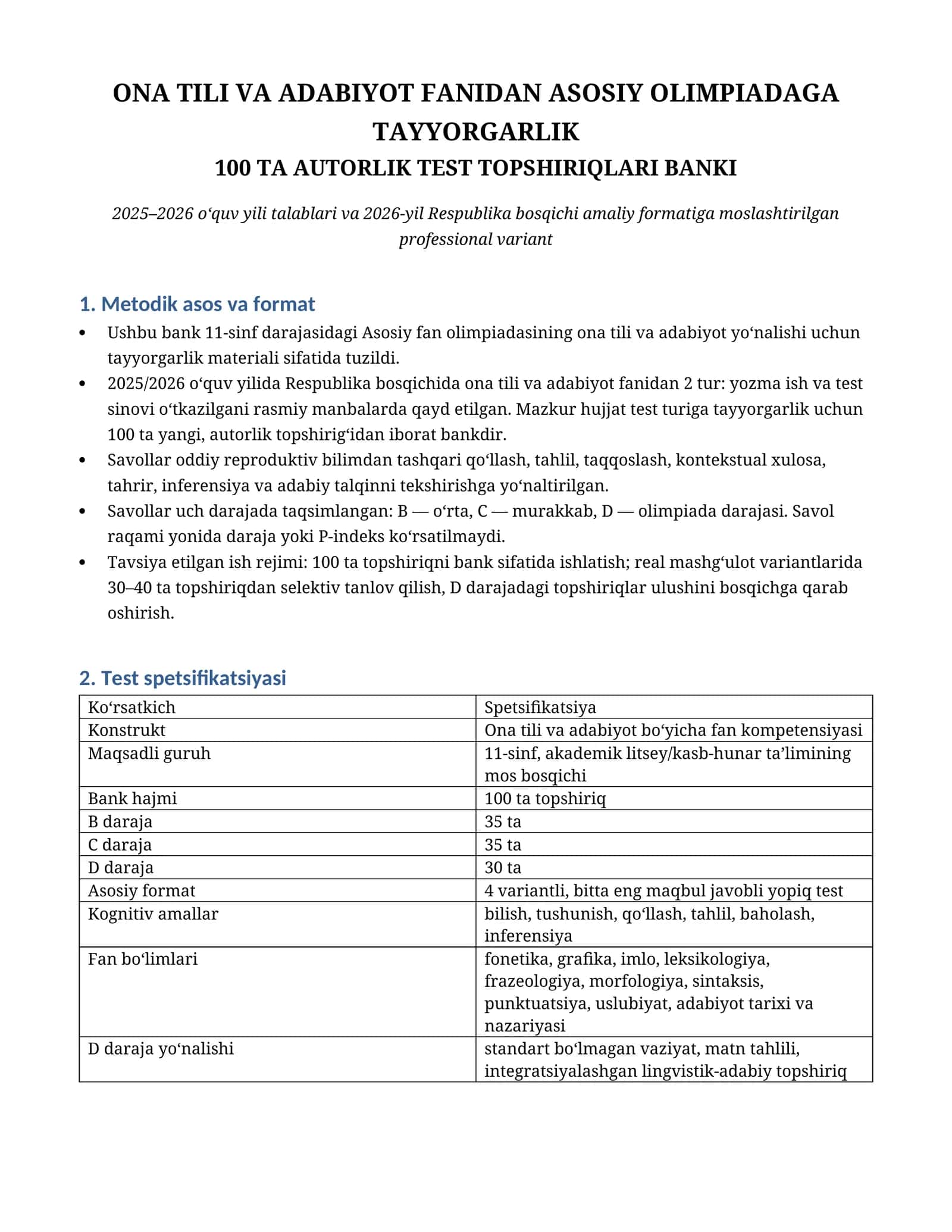 ONA TILI VA ADABIYOT FANIDAN ASOSIY OLIMPIADAGA TAYYORGARLIK 100 TA  TEST TOPSHIRIQLARI BANKI