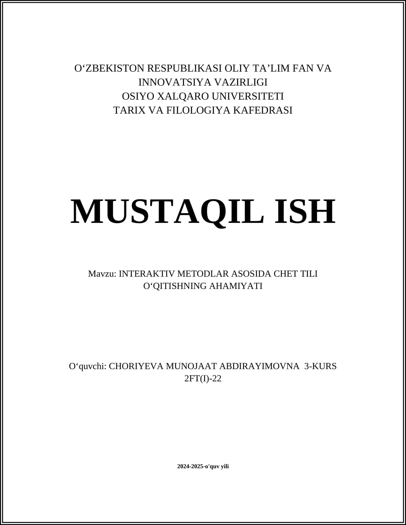 INTERAKTIV METODLAR ASOSIDA CHET TILI OʻQITISHNING AHAMIYATI