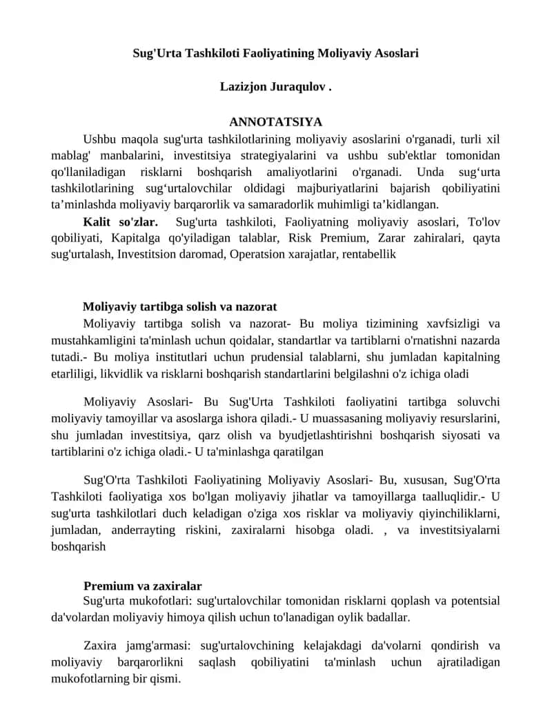 Sug'Urta Tashkiloti Faoliyatining Moliyaviy Asoslari