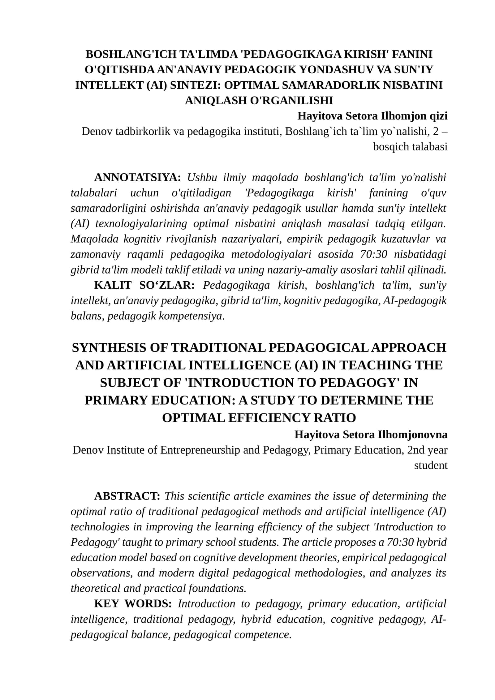 PEDAGOGIKAGA KIRISH' FANINI O'QITISHDA AN'ANAVIY PEDAGOGIK YONDASHUV VA SUN'IY INTELLEKT (AI) SINTЕZI