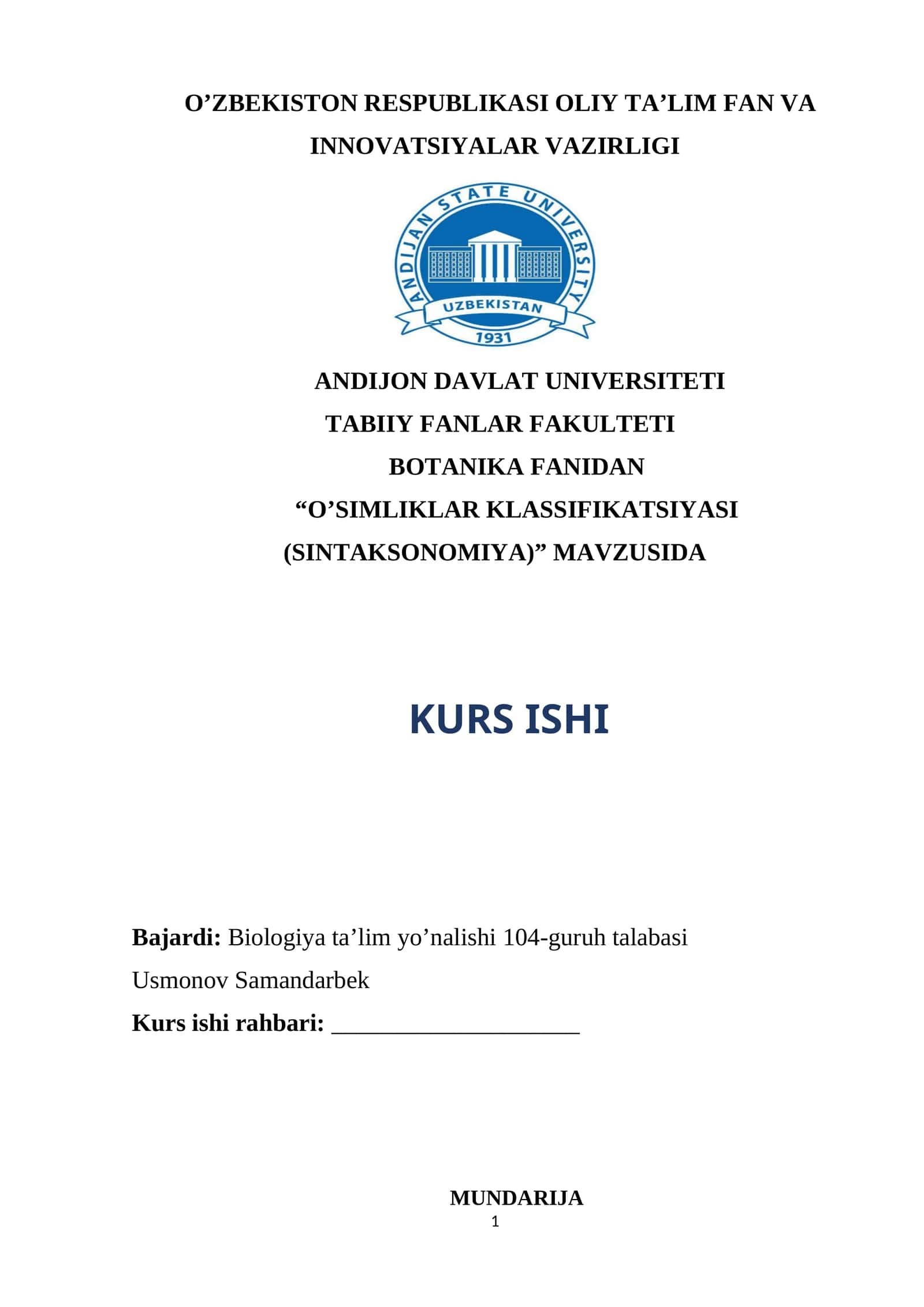 “o’simliklar klassifikatsiyasi (sintaksonomiya)” MAVZUSIDA KURS ISHI