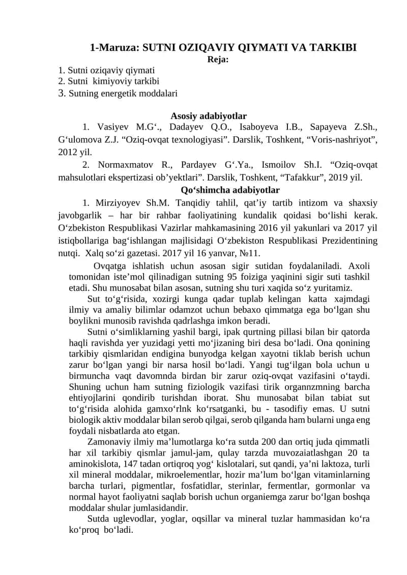 SUTNI OZIQAVIY QIYMATI VA TARKIBI