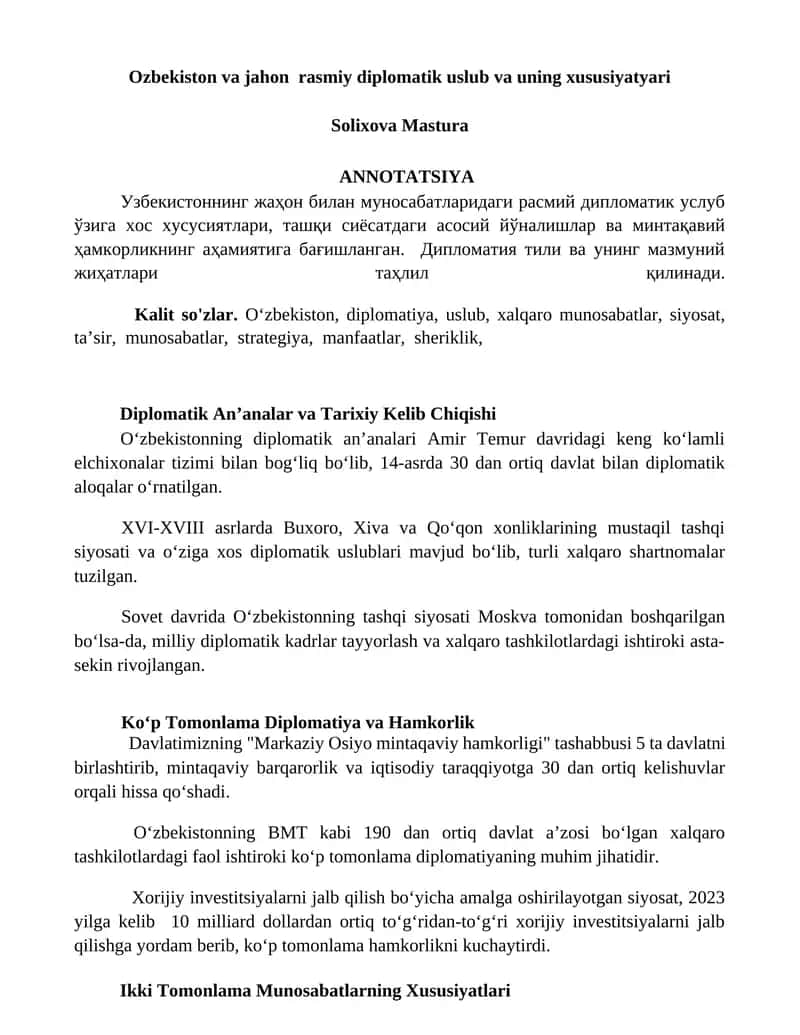 Ozbekiston va jahon rasmiy diplomatik uslub va uning xususiyatyari