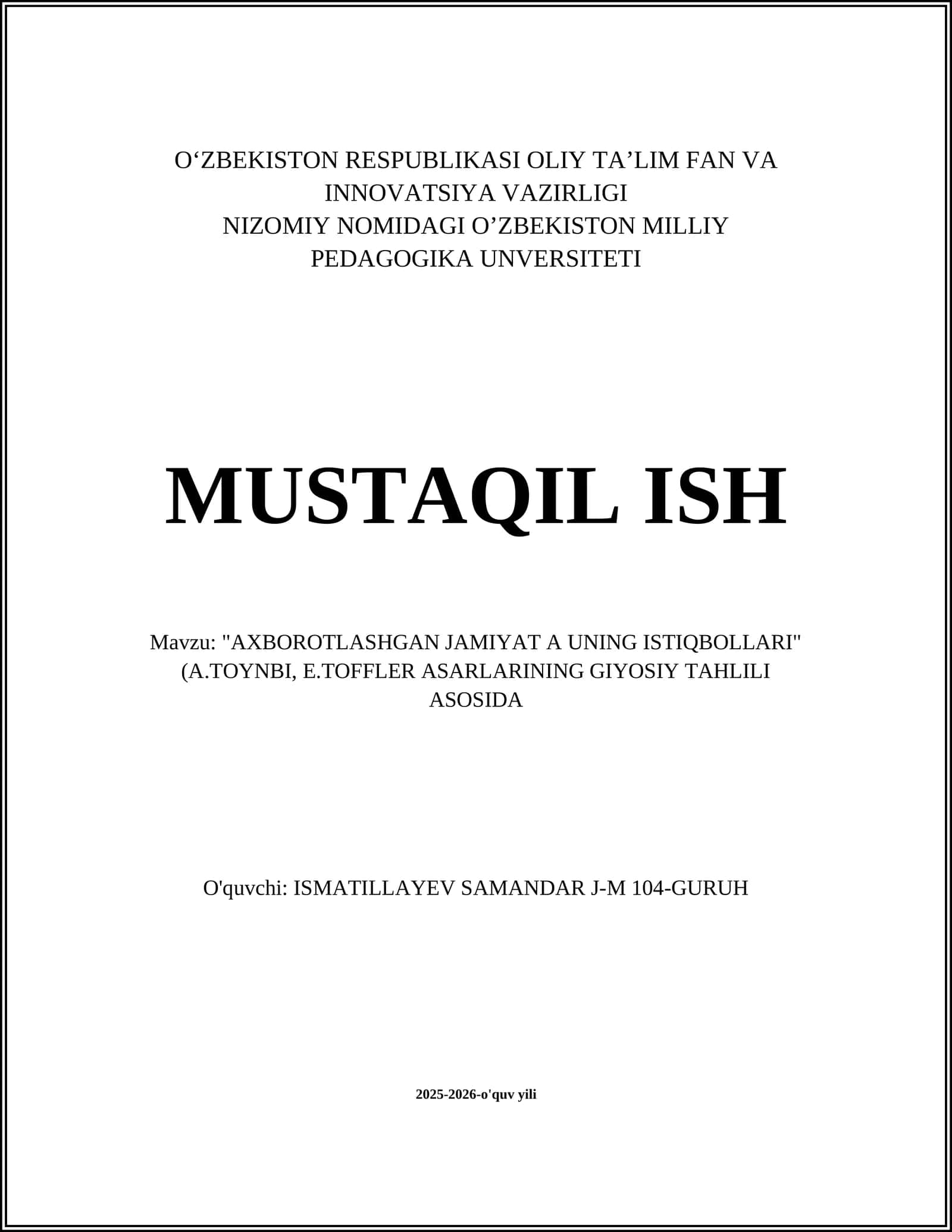 "AXBOROTLASHGAN JAMIYAT A UNING ISTIQBOLLARI"
