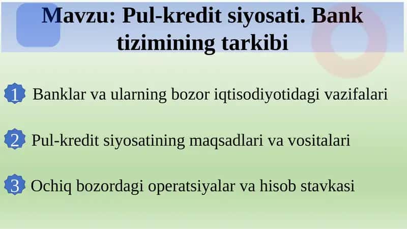 Pul-kredit siyosati. Bank tizimining tarkibi